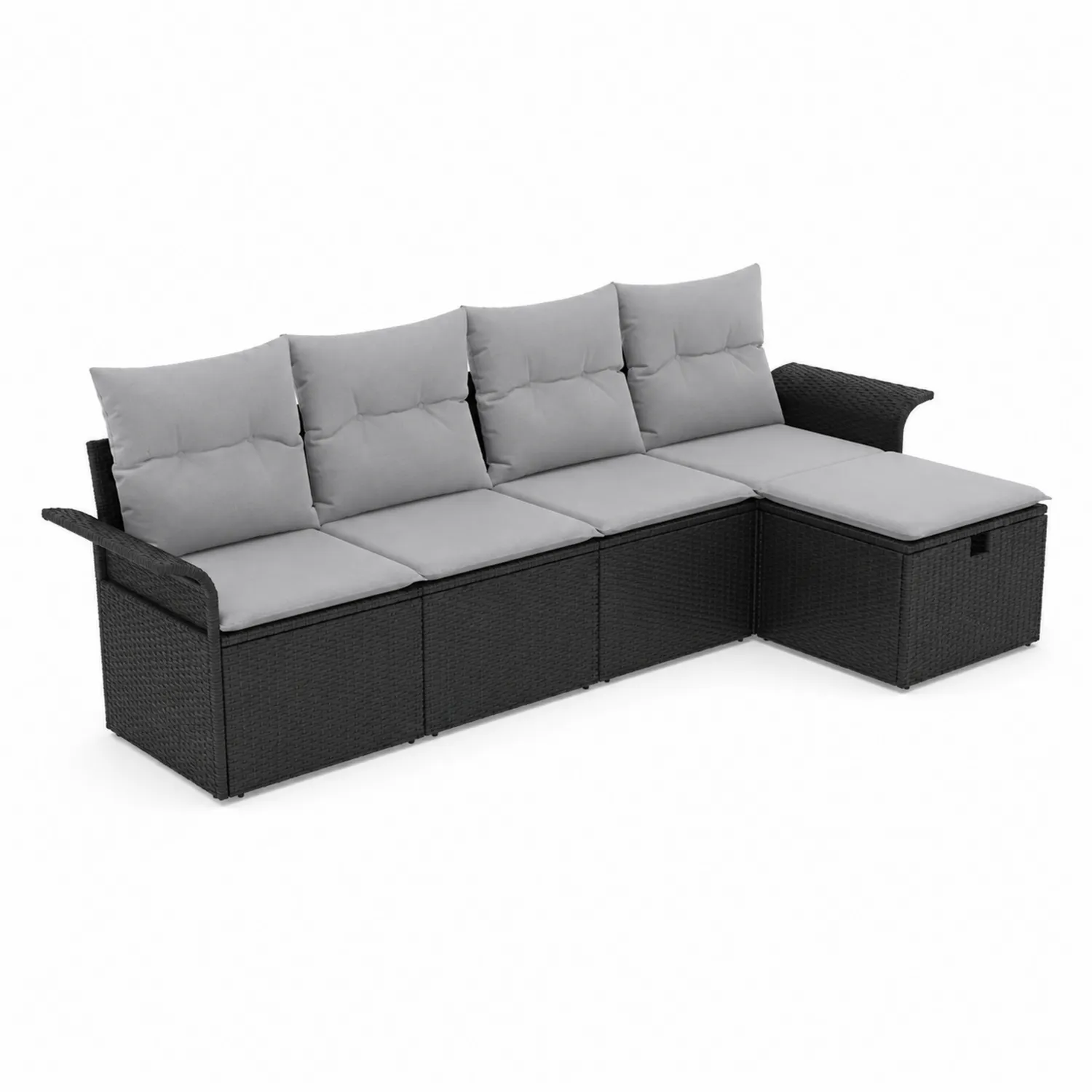 Divano modulare in rattan sintetico nero con cuscini grigi