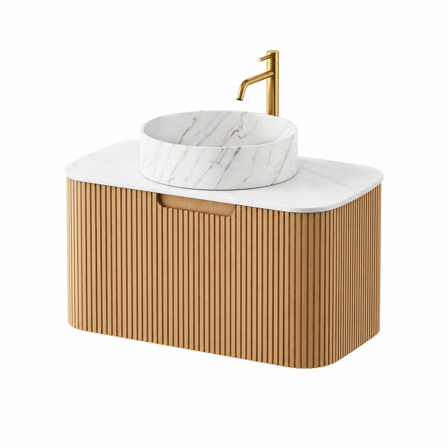 Mobile lavabo in legno con lavandino rotondo in marmo