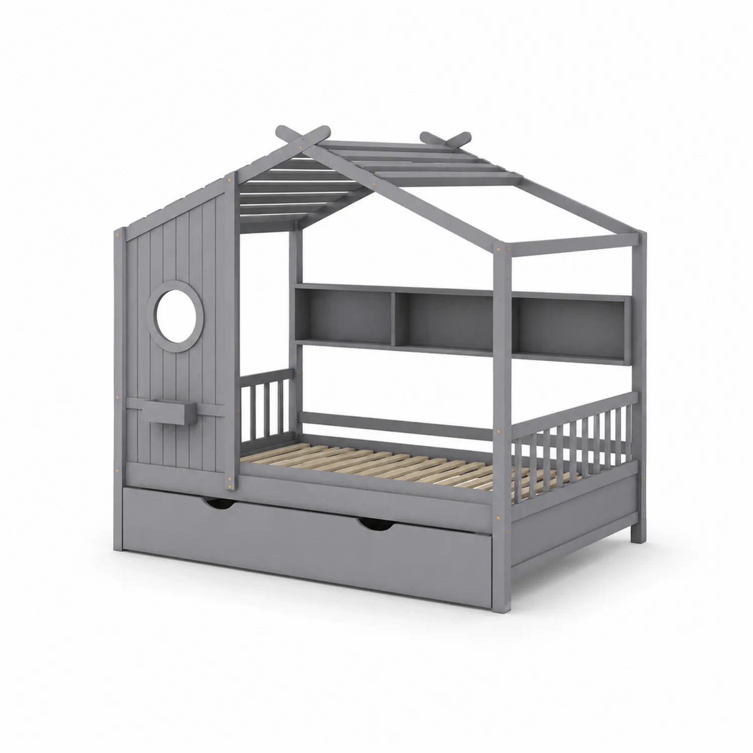 Letto per bambini in legno di pino a forma di casa con contenitore 200x90 cm