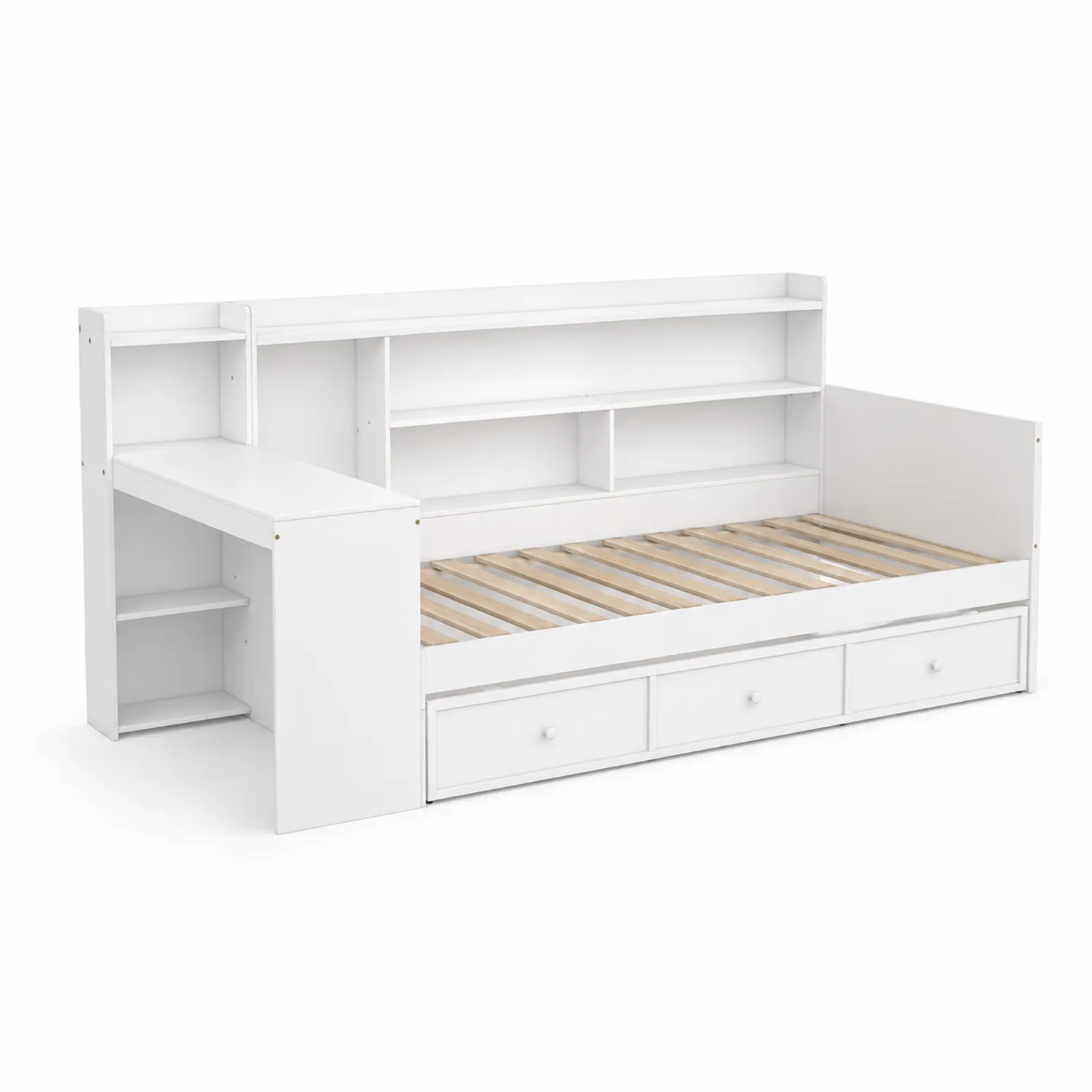 Letto in legno bianco con scrivania, scaffali e cassetti 200x90 cm
