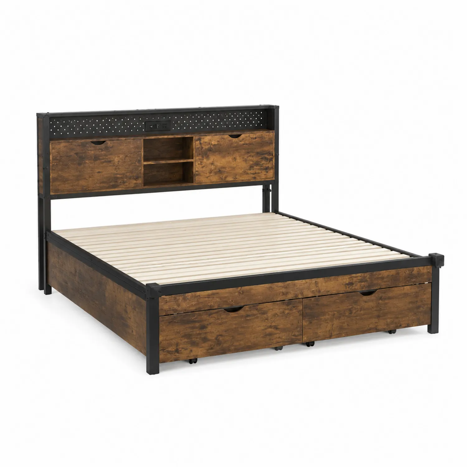 Letto matrimoniale in legno e metallo con contenitore marrone e nero