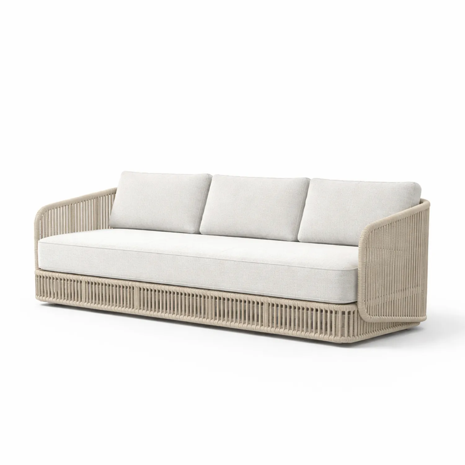 Divano da giardino in resina intrecciata con cuscini in tessuto bianco