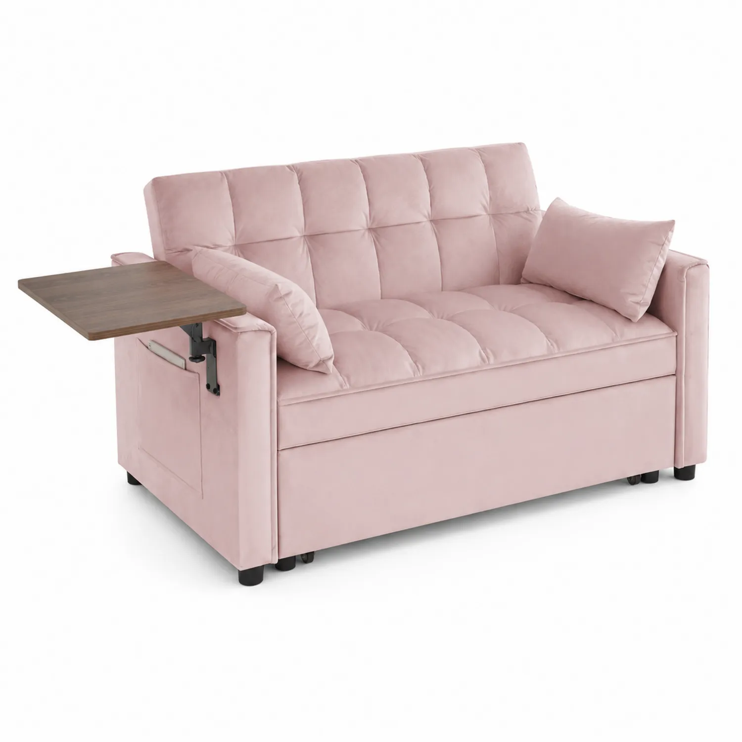 Divano in velluto rosa con tavolo pieghevole