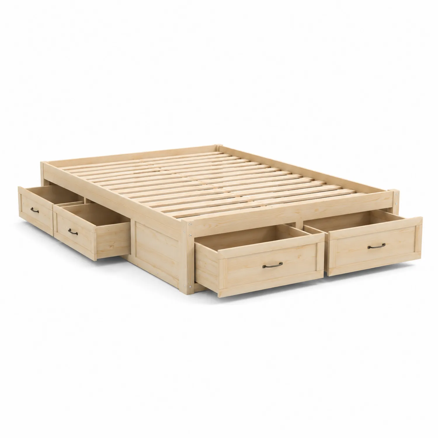 Letto matrimoniale in legno massiccio con 6 cassetti, 200x180 cm, Colore Naturale