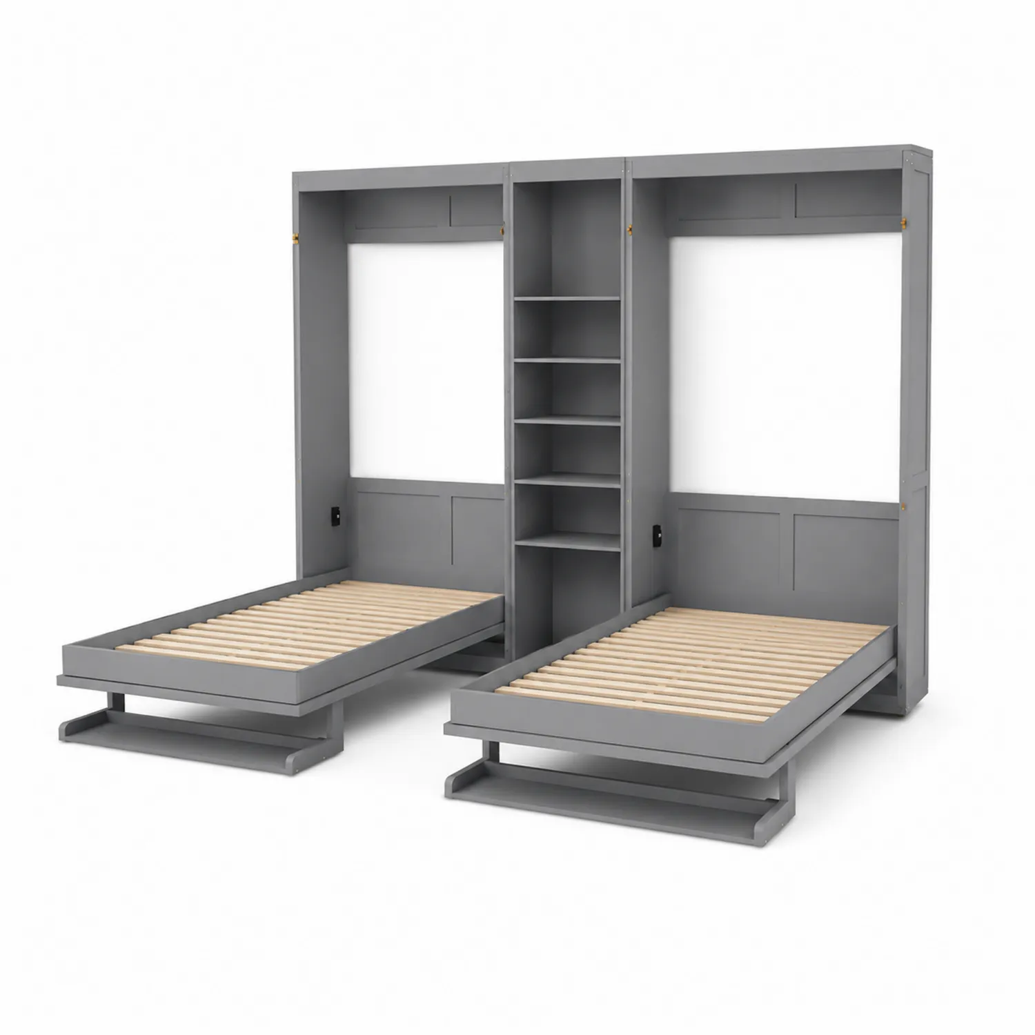 Letto a scomparsa doppio in legno con scaffali Grigio