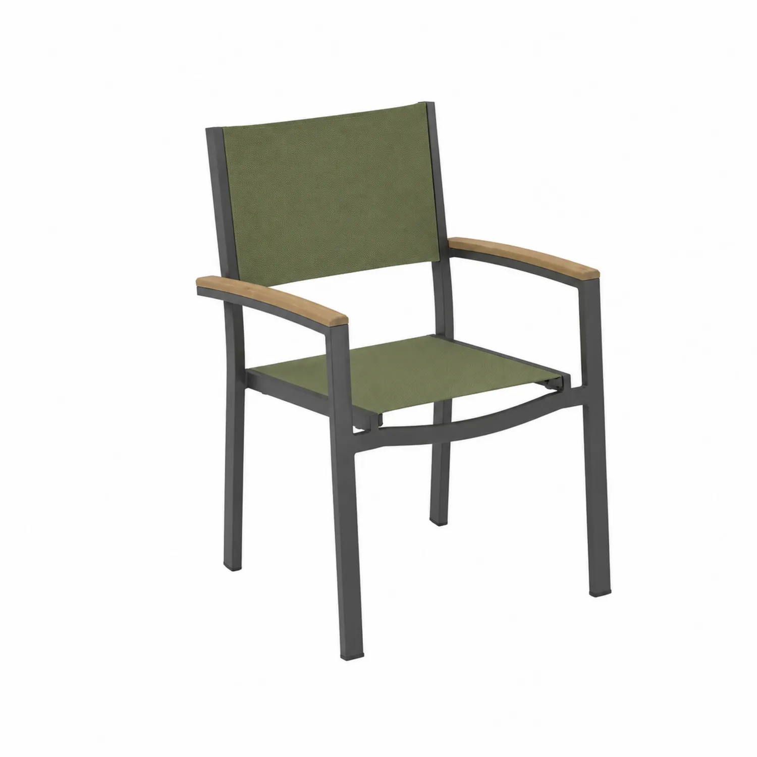 Sedia da giardino in alluminio e textilene verde con braccioli in teak