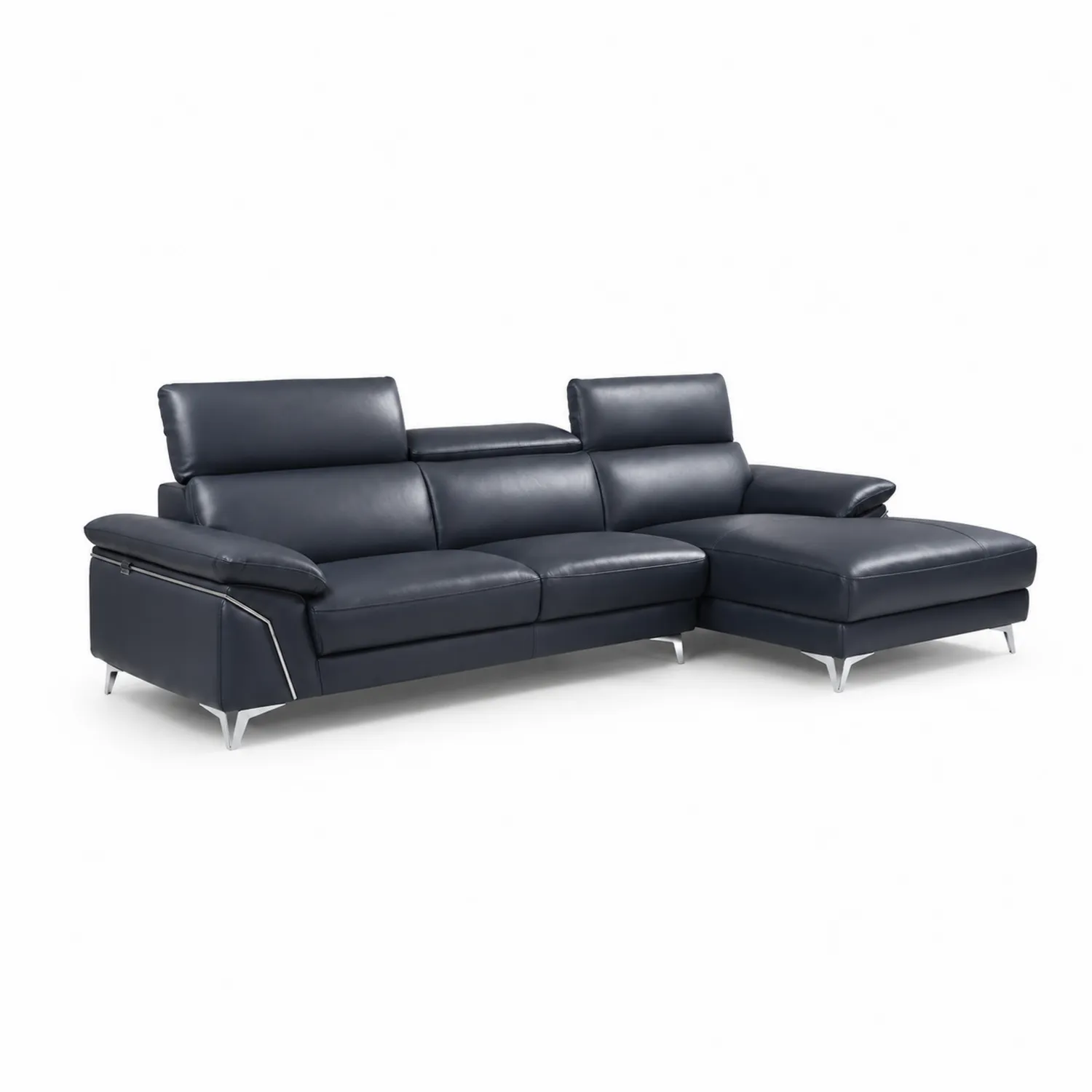 Divano modulare in pelle blu con chaise longue