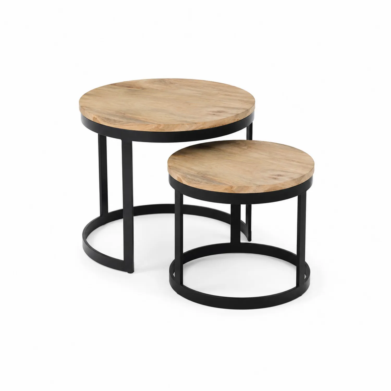 Set di Tavolini in Legno di Mango e Metallo Nero