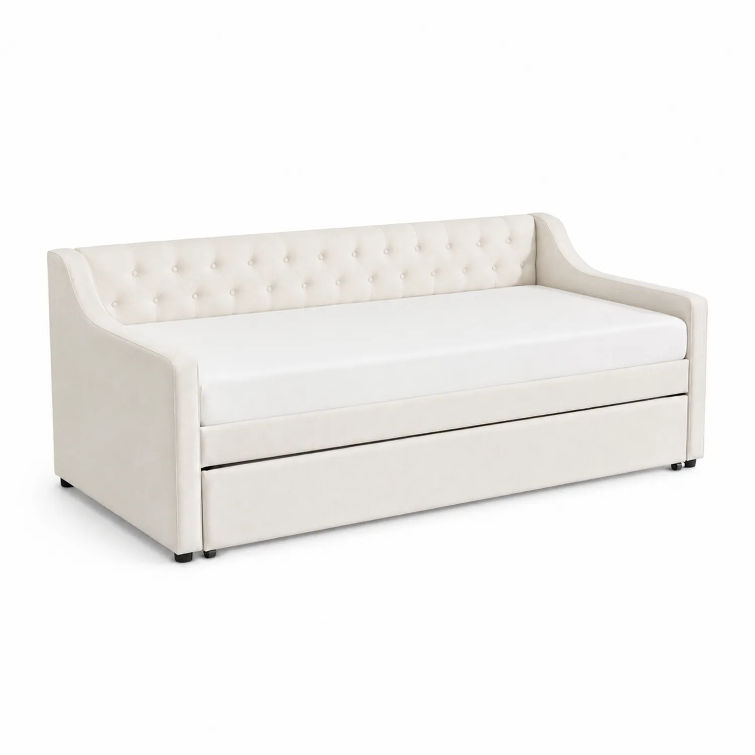 Divano Letto in Tessuto Beige con Cassetto Estraibile