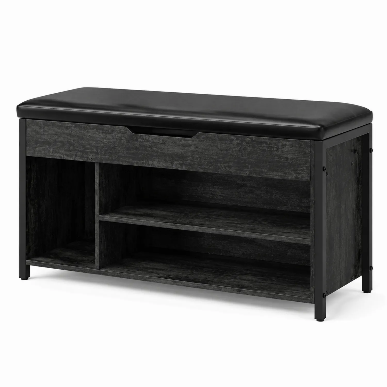 Banco de madera y asiento de cuero sintético con almacenamiento para zapatos negro 80x45x30 cm-Melvitor