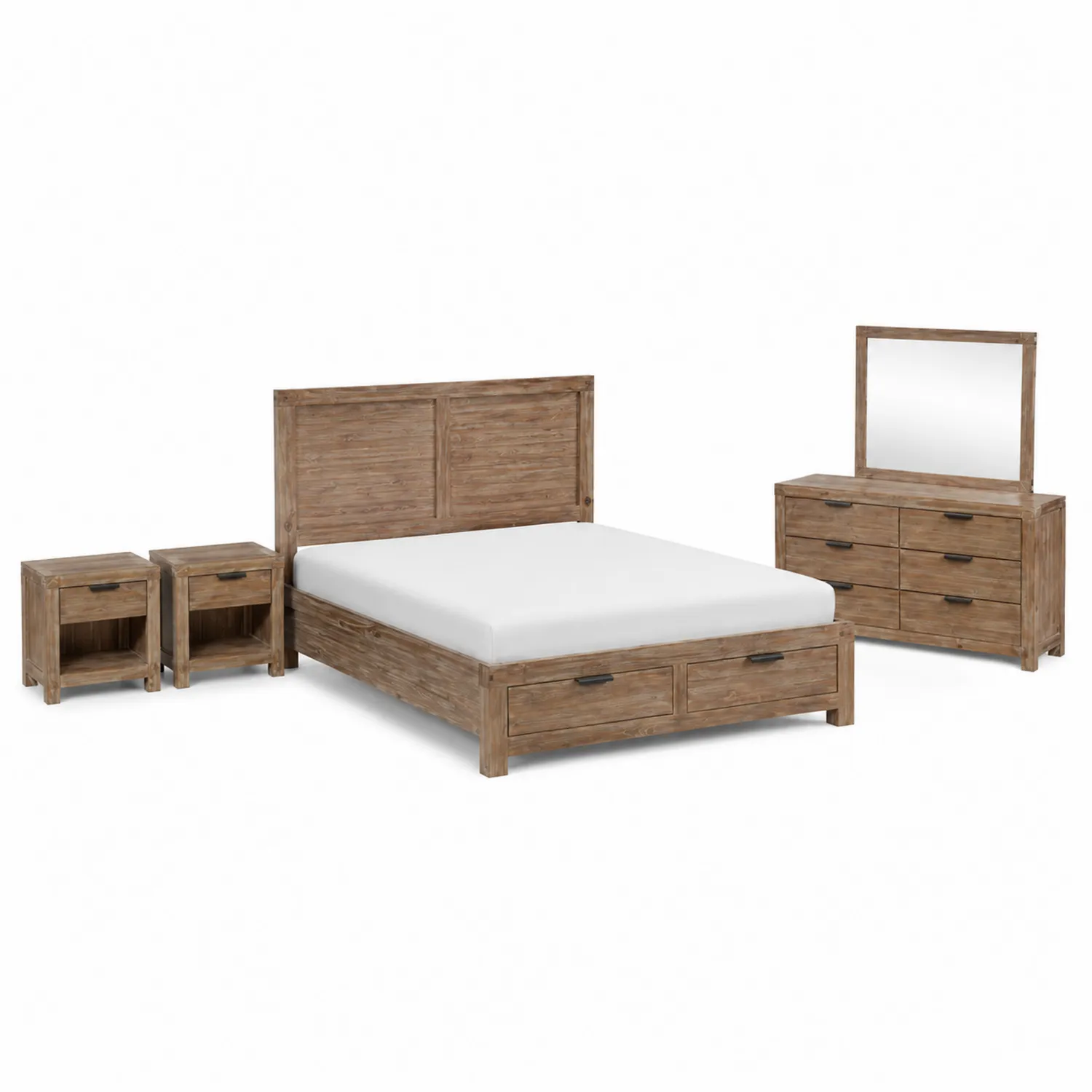 Conjunto de Dormitorio de Madera Maciza de Roble con Cama, Mesillas y Cómoda con Espejo-Melvitor