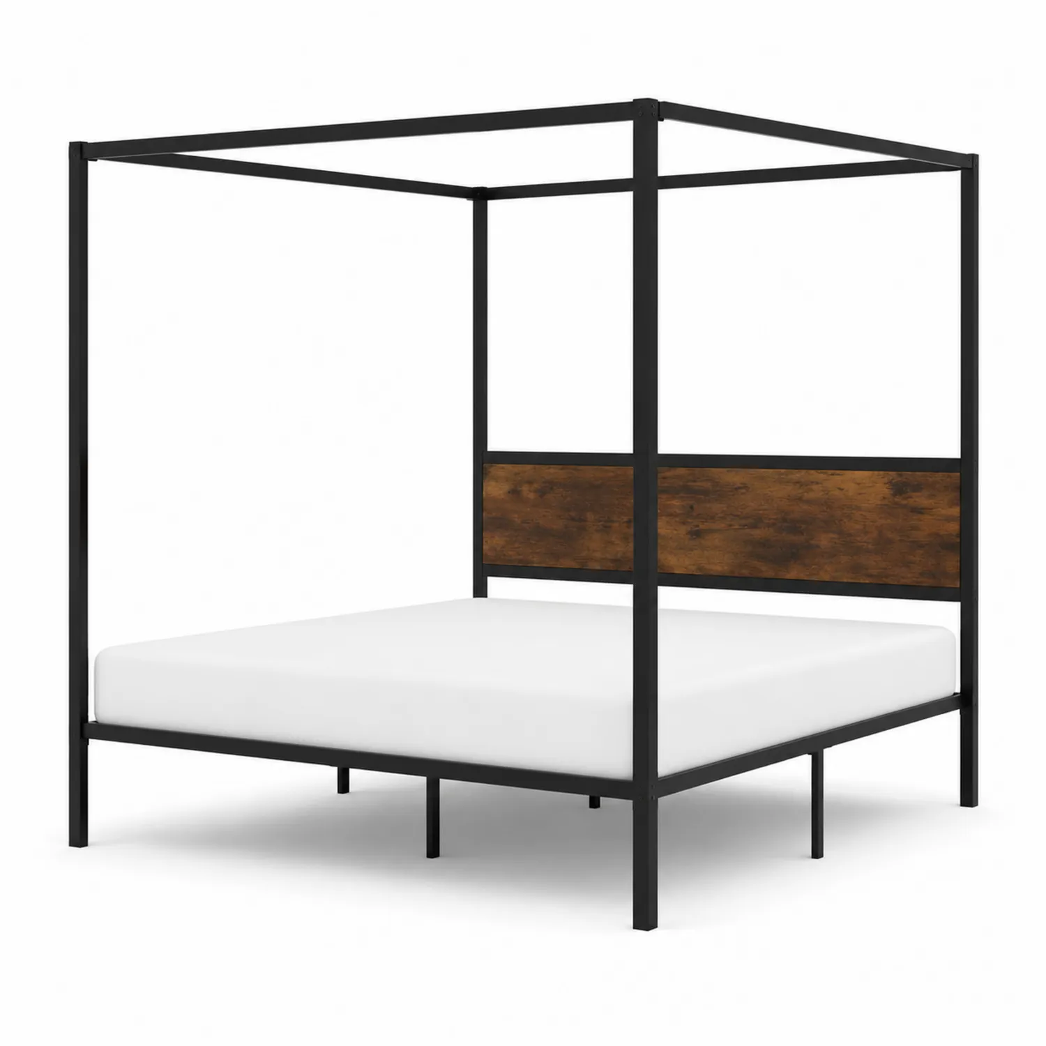 Cama dosel de metal y madera maciza 200x180 cm Negro/Marrón-Melvitor