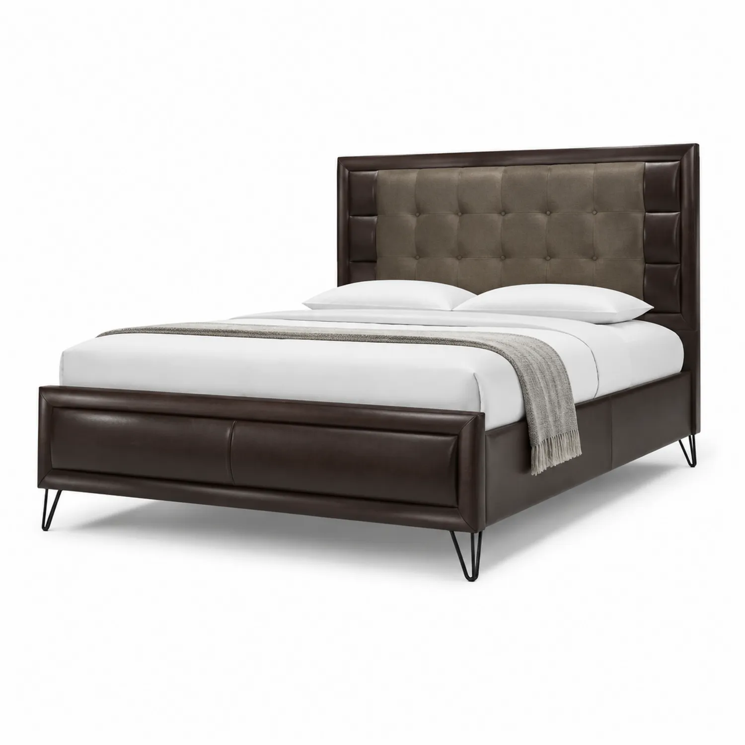 Cama tapizada en cuero sintético y tela Marrón/Gris 200x160 cm-Melvitor