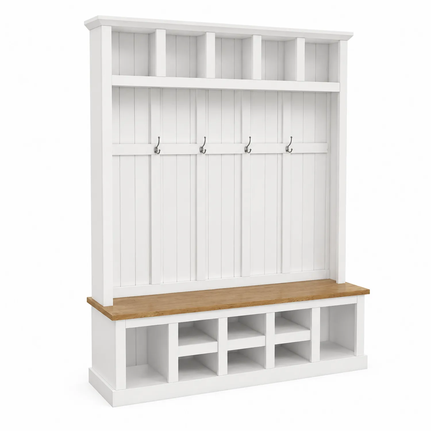 Perchero de Entrada de Madera con Banco y Estantes Blanco y Roble-Melvitor