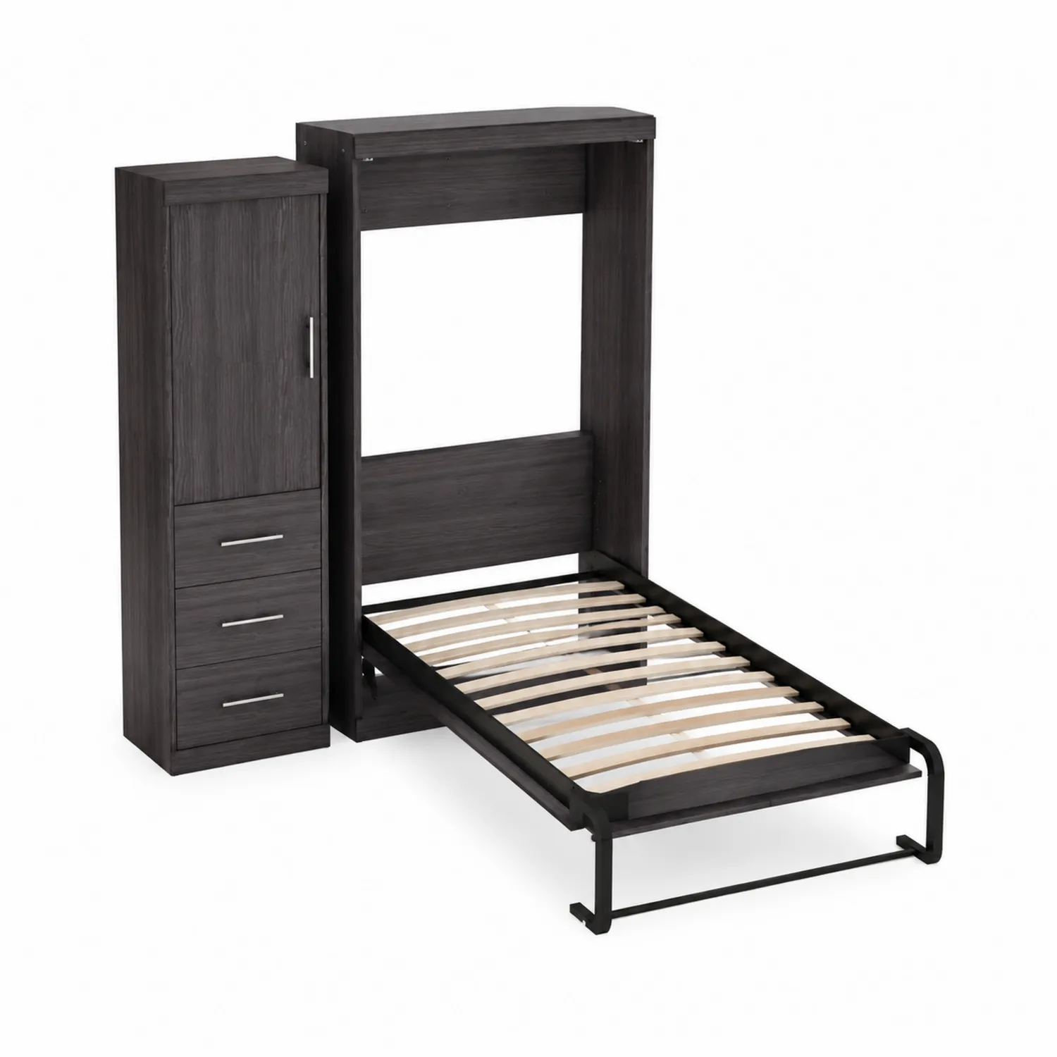 Cama abatible de madera y metal con armario lateral, 200x90 cm, Gris Oscuro-Melvitor