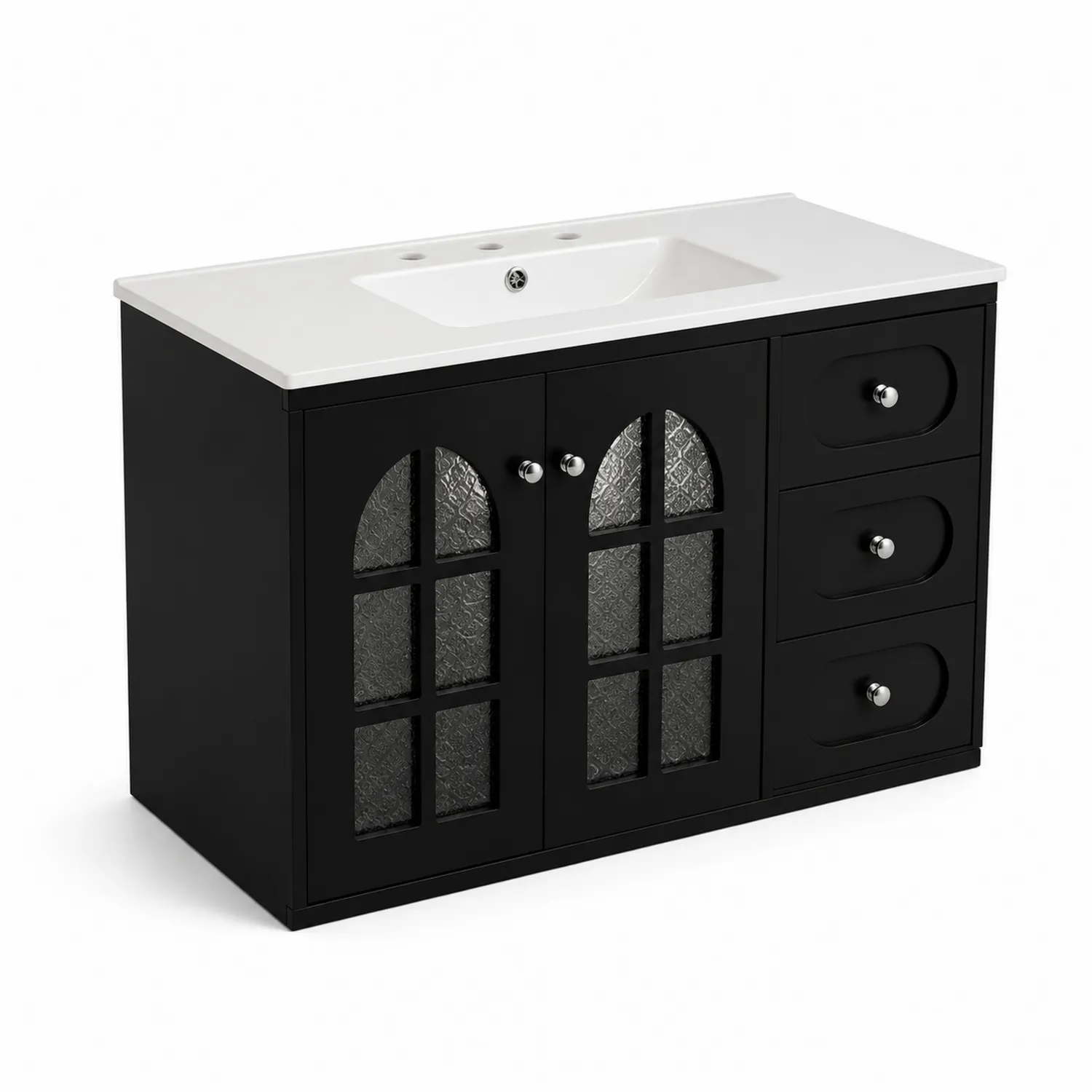 Mueble de baño negro con encimera de resina blanca, puertas de vidrio y 3 cajones, 90 cm-Melvitor