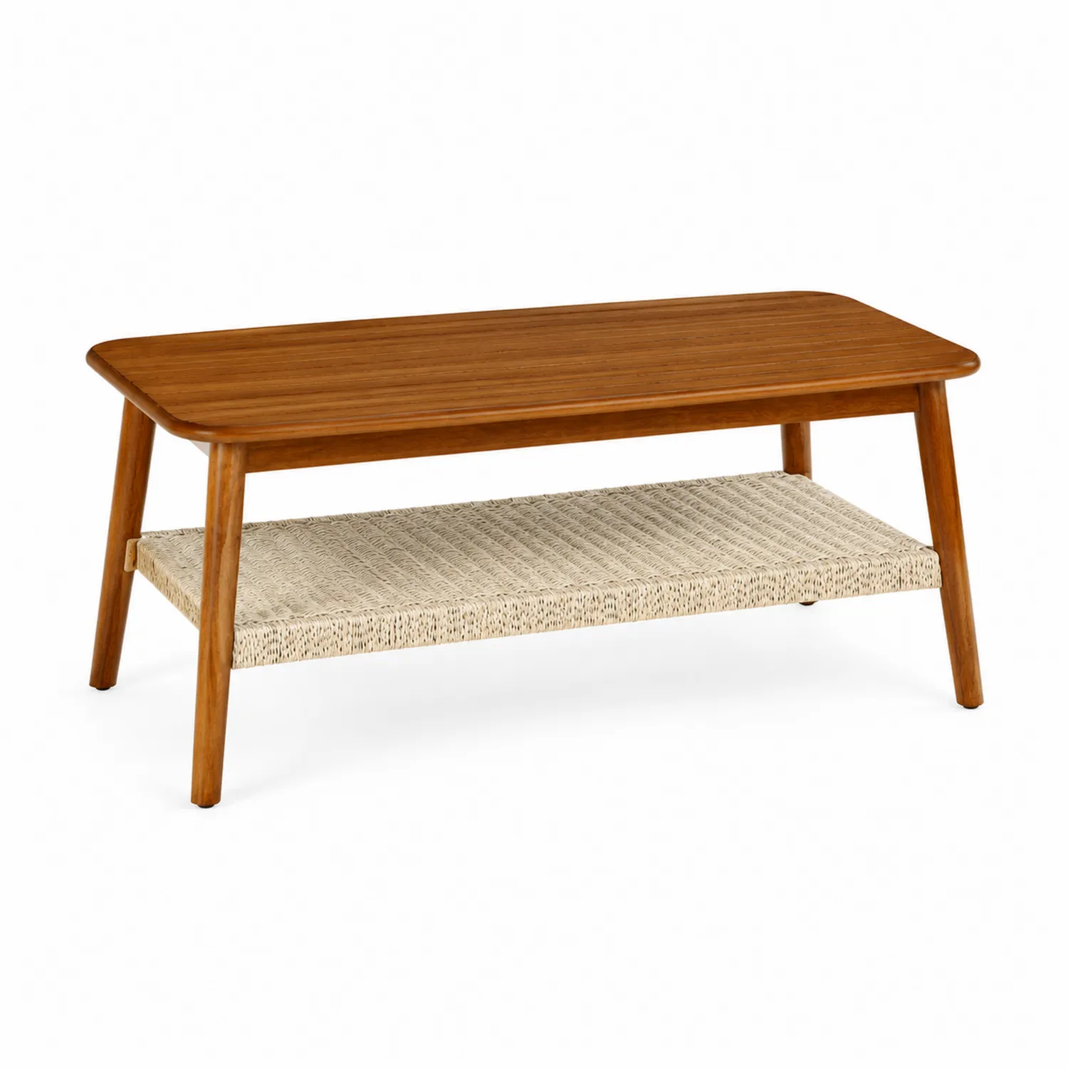 Mesa de centro de madera y estante de cuerda trenzada-Melvitor