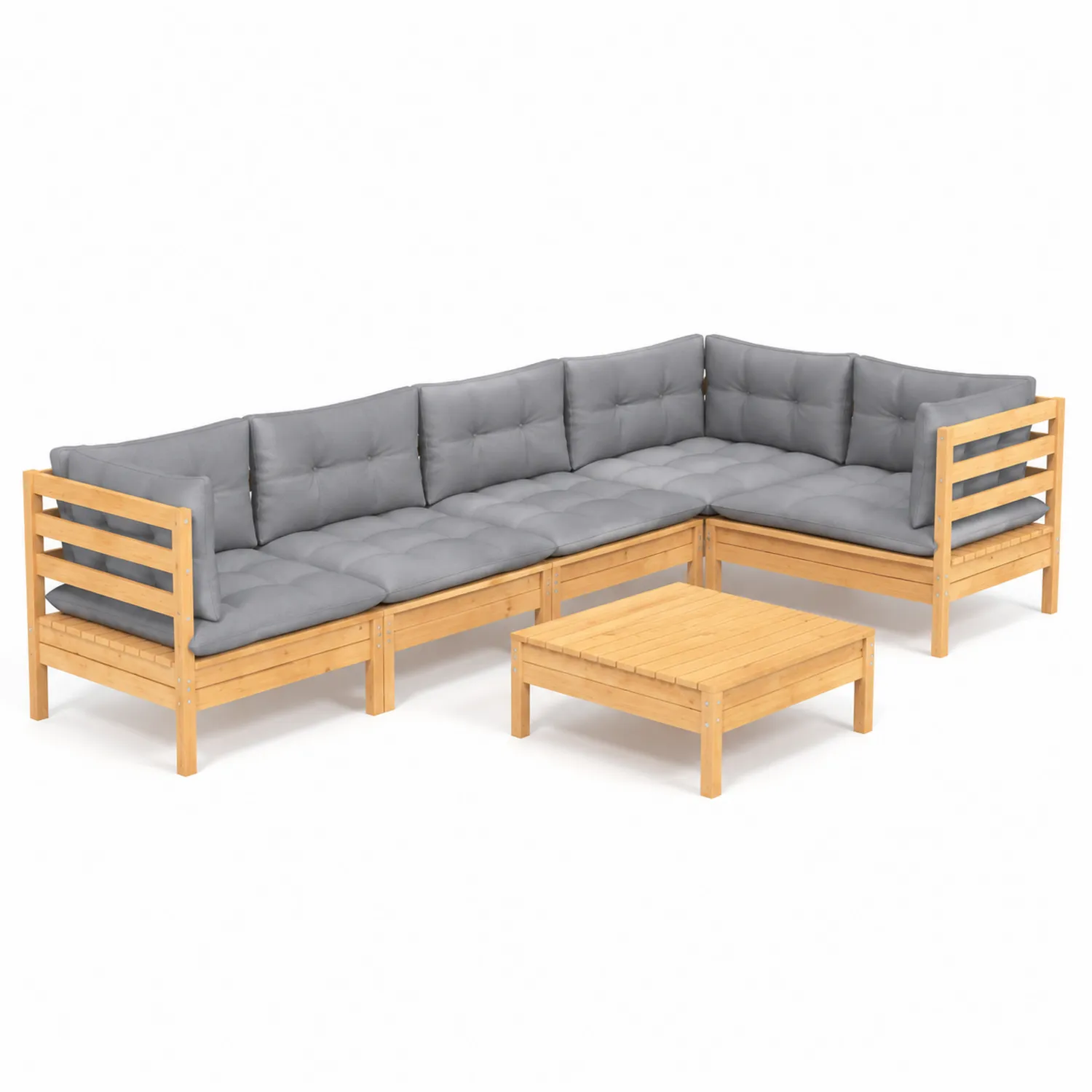 Conjunto Modular de Sofá de Madera y Mesa con Cojines Grises-Melvitor