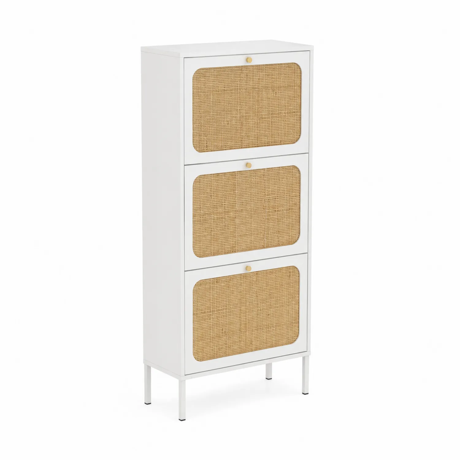 Armario zapatero de metal y mimbre con puertas abatibles 50x30x120 cm Blanco/Beige-Melvitor