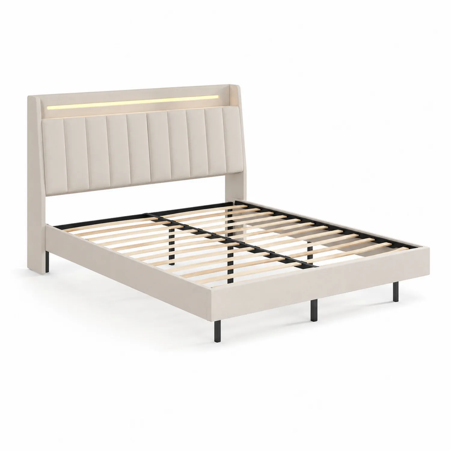 Cama tapizada de tela sintética beige con cabecero LED 150x200 cm-Melvitor