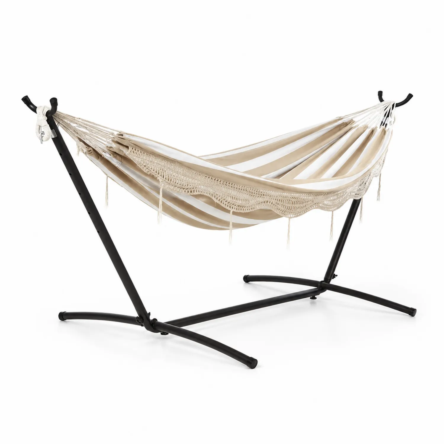 Hamaca de Algodón con Soporte Metálico Negro 300x120x100cm Beige-Melvitor