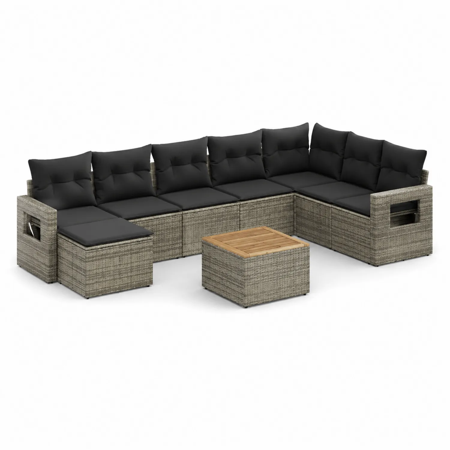 Sofá Modular de Ratán Sintético Gris con Cojines de Poliéster Negros y Mesa de Centro-Melvitor