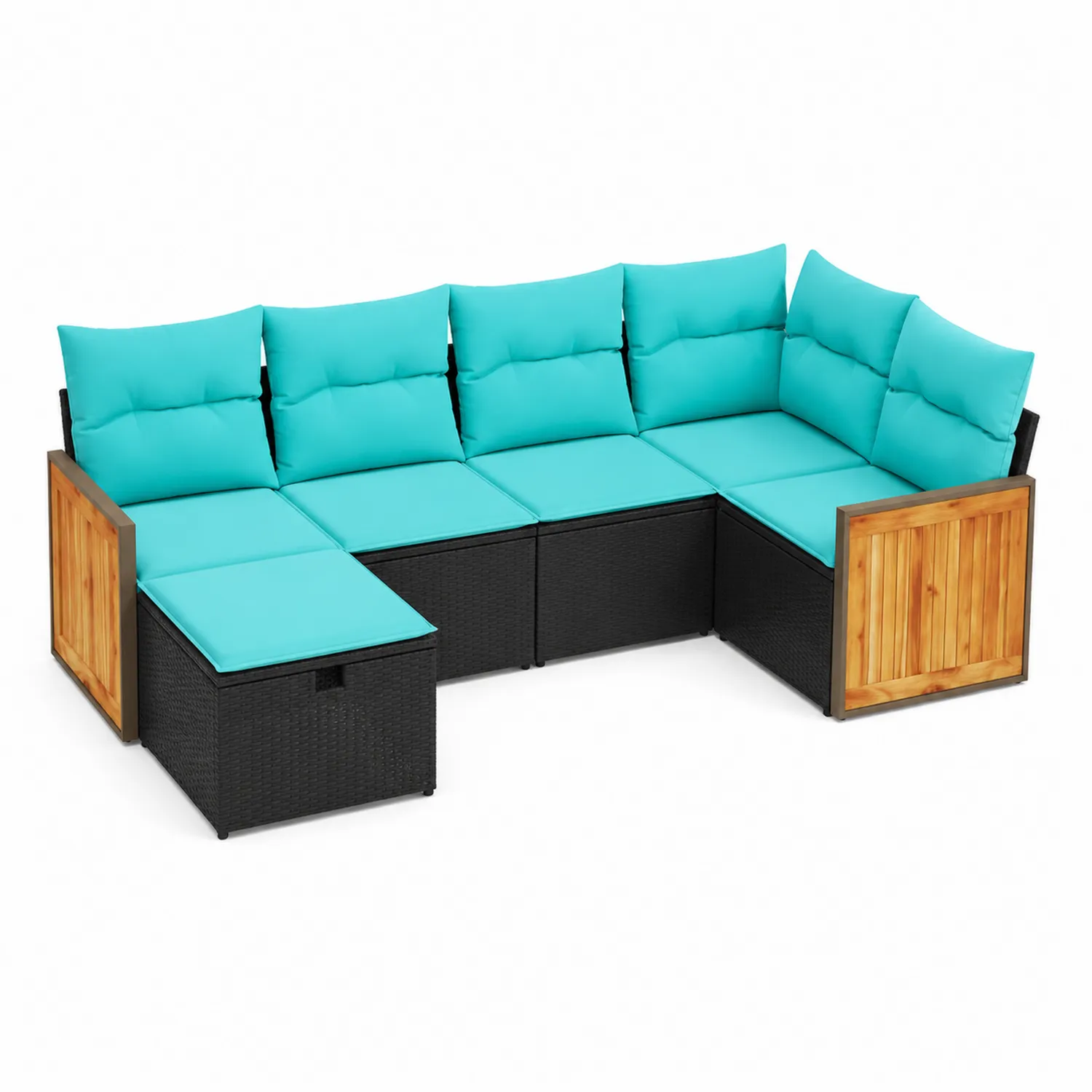Sofá modular de jardín de ratán con cojines azules-Melvitor