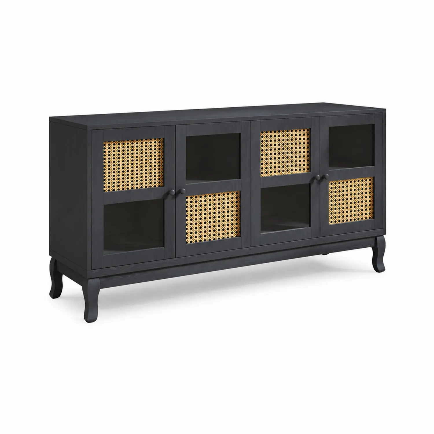 Aparador de Madera y Ratán Negro con Cuatro Puertas-Melvitor