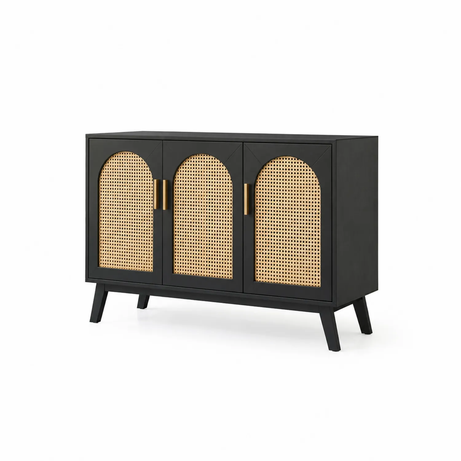 Aparador de madera y ratán con 3 puertas negro-Melvitor