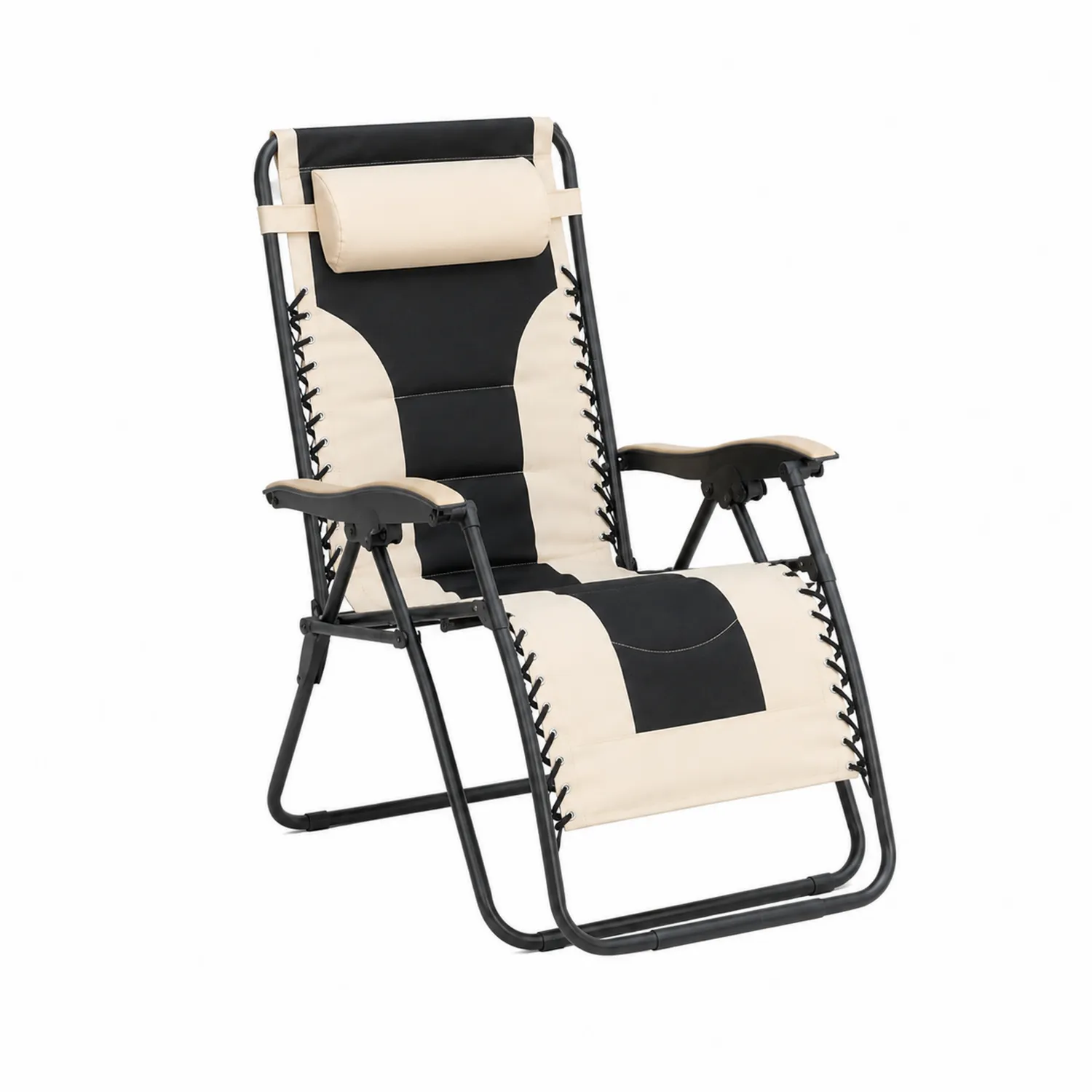 Silla Reclinable de Metal con Tela de Poliéster Negro y Beige-Melvitor