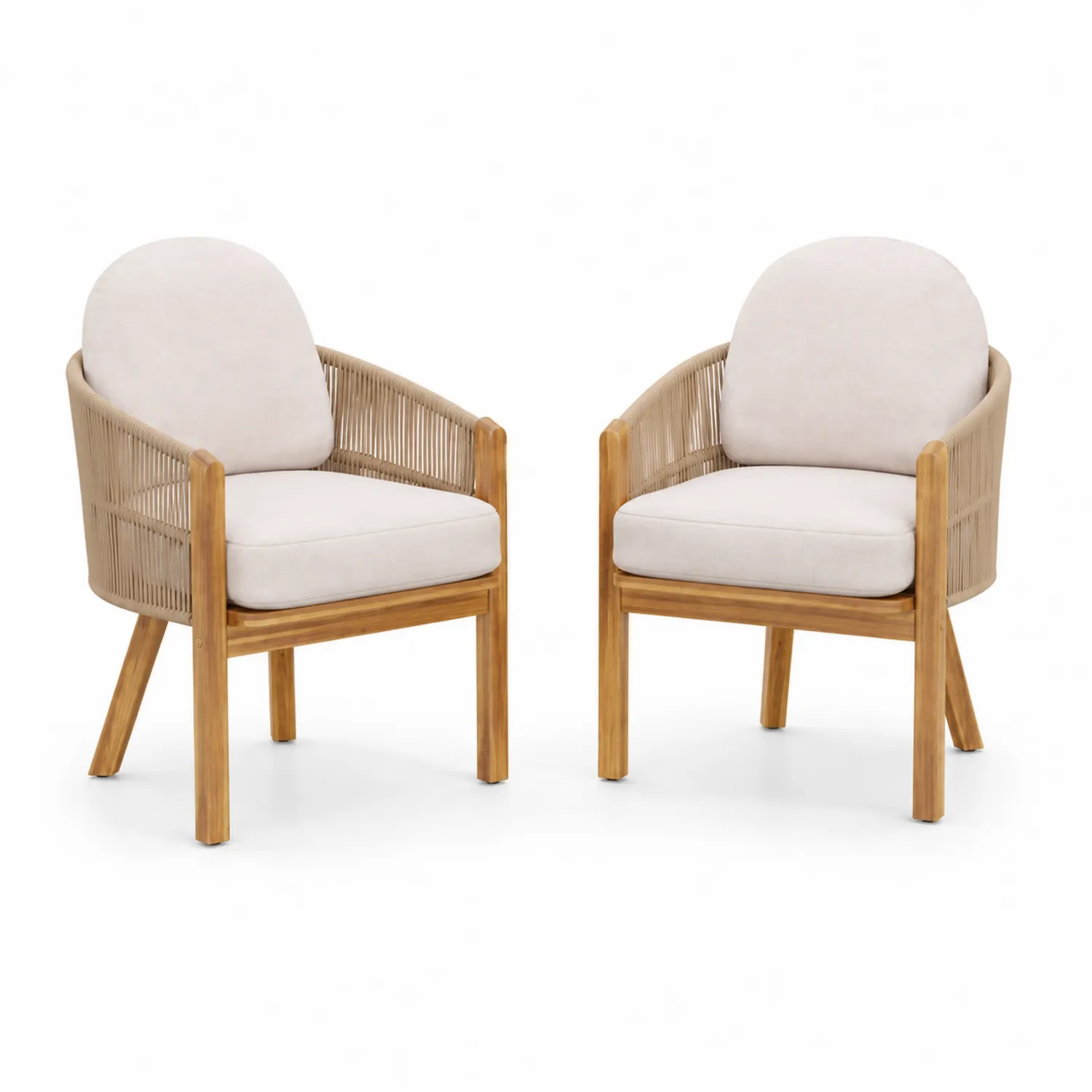 Juego de 2 sillas de comedor de teca y cuerda con cojines beige-Melvitor