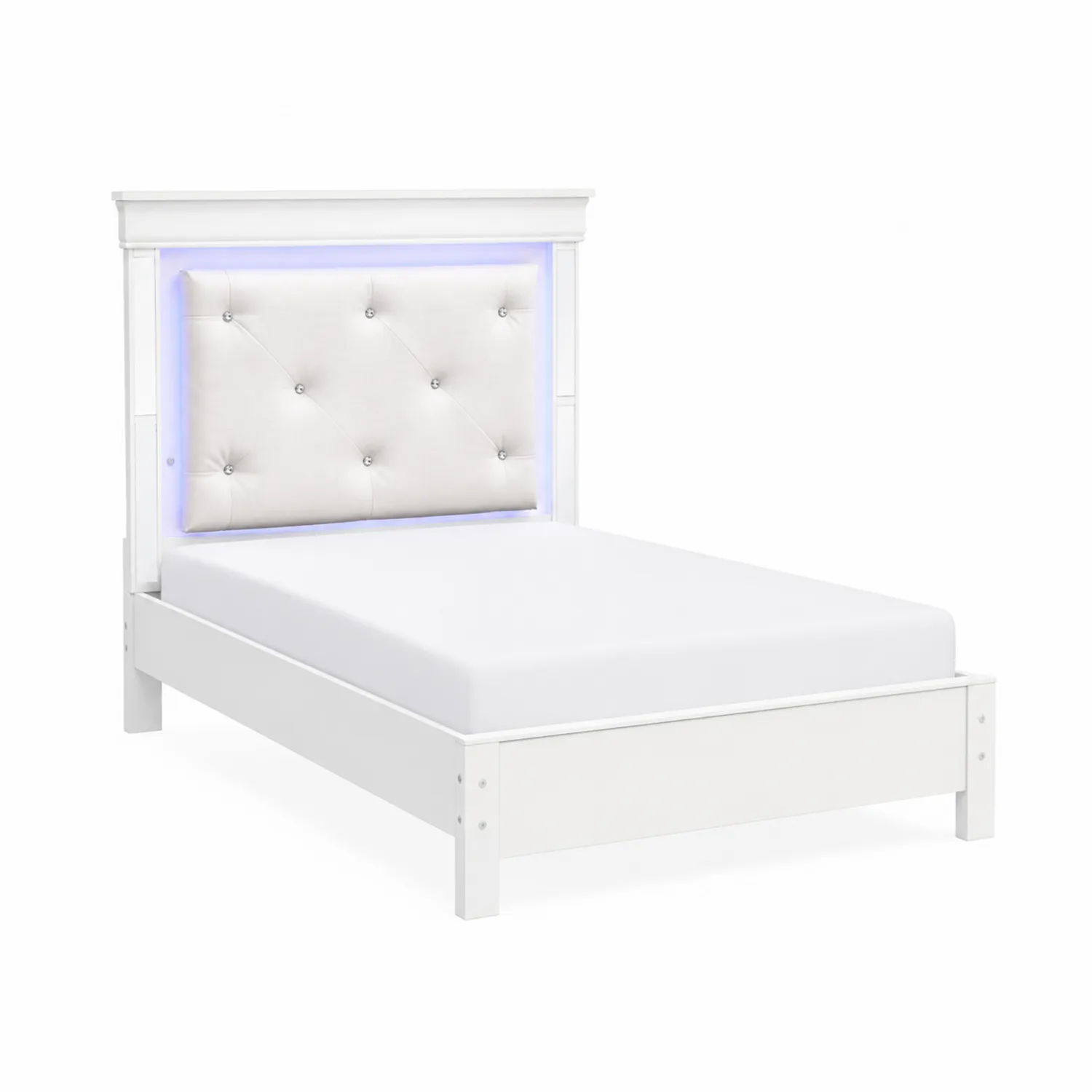Cama Individual de Madera con Cabecero Tapizado de Cuero Sintético y Luces LED-Melvitor