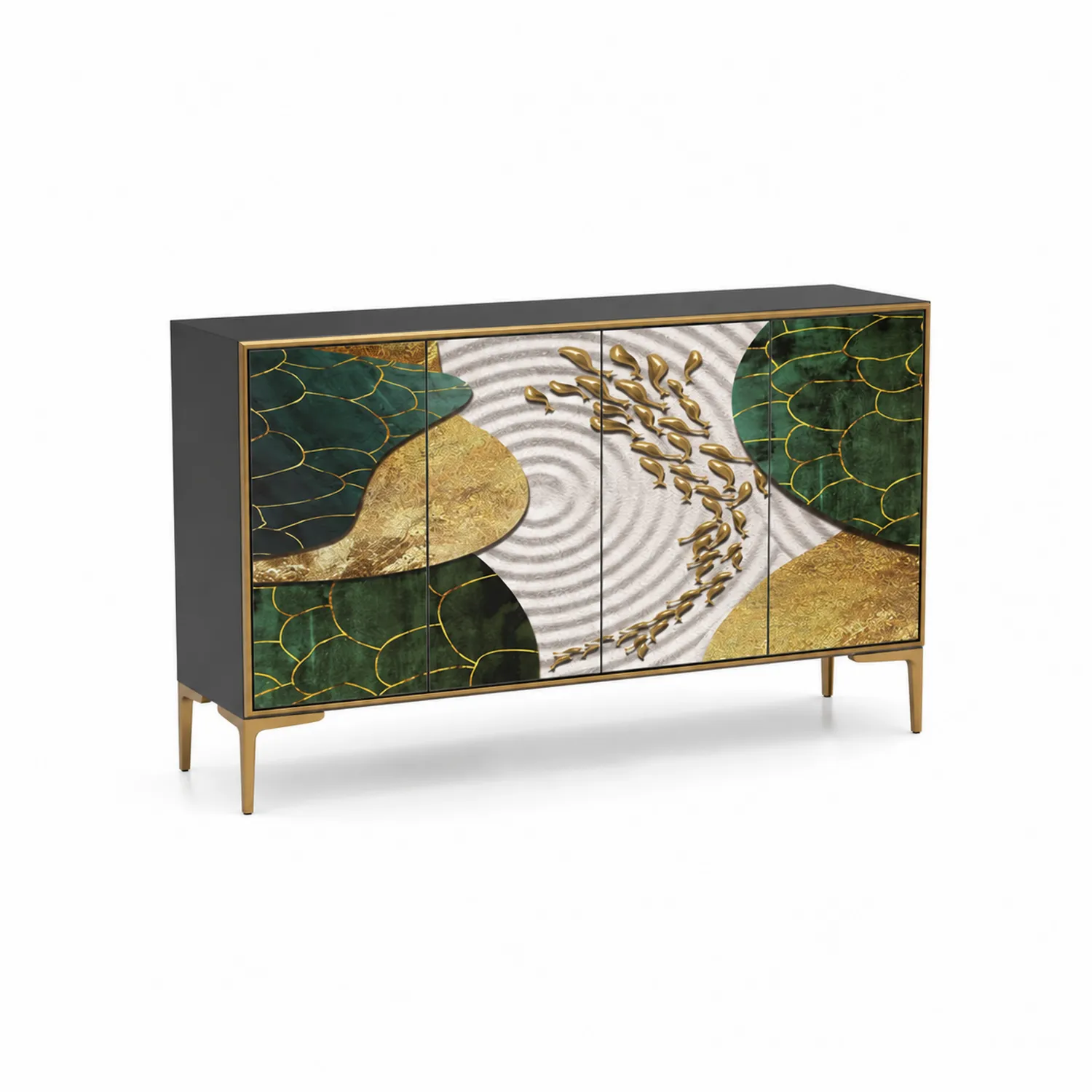 Aparador de Madera con Detalles Metálicos 153x40x87 cm Verde y Dorado-Melvitor