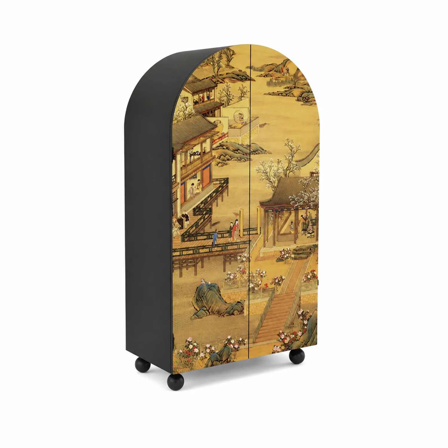 Armario curvo con ruedas diseño oriental en madera y metal 180x90x40 cm Negro y Multicolor-Melvitor
