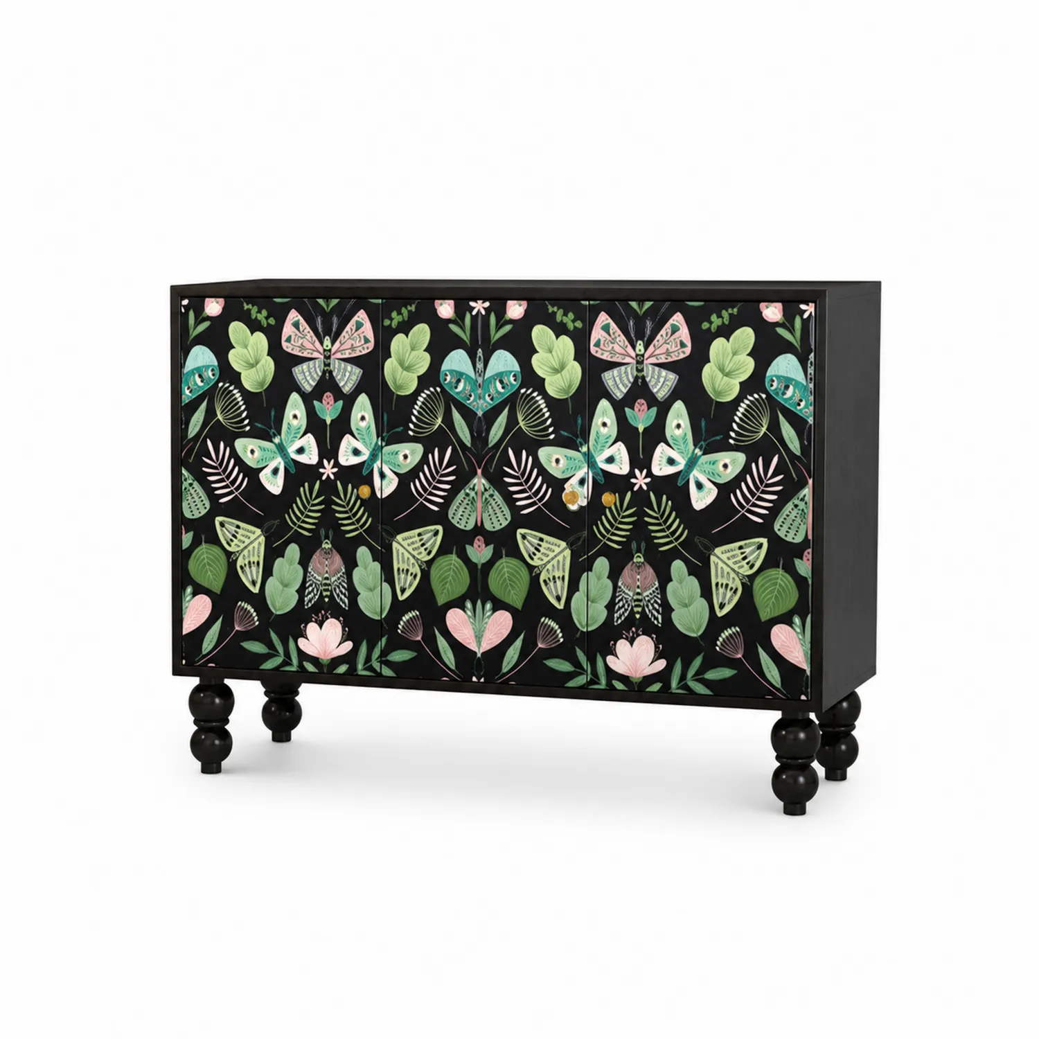 Aparador de Madera con Estampado Floral en Negro y Multicolor-Melvitor