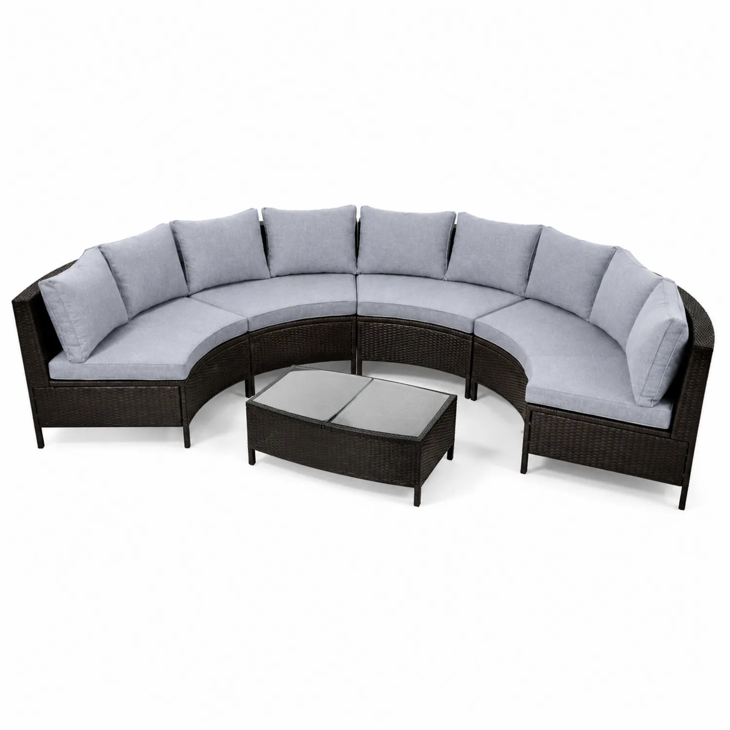 Sofá modular semicircular de ratán con cojines grises-Melvitor
