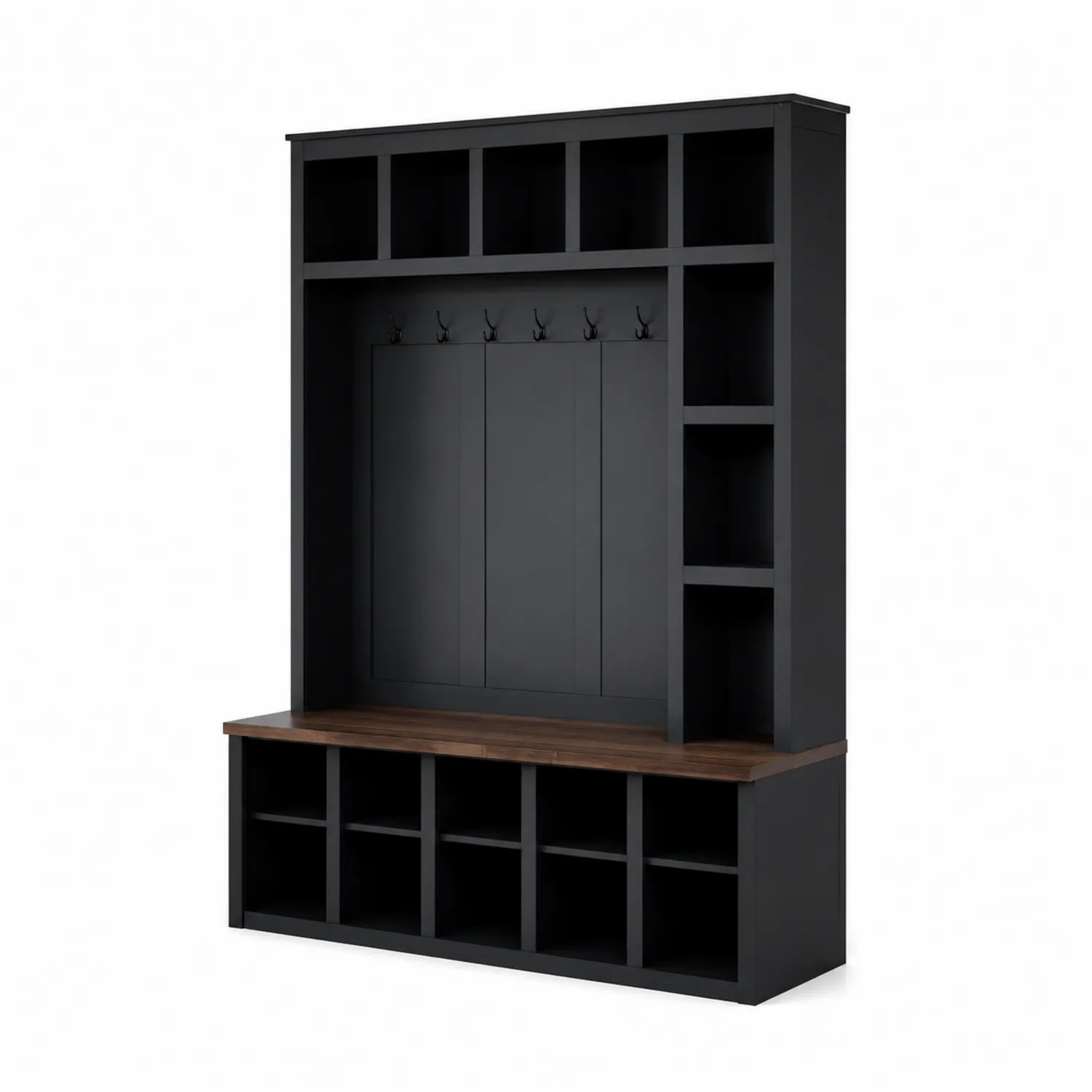 Conjunto de entrada de madera MDF con banco y estantes negros-Melvitor