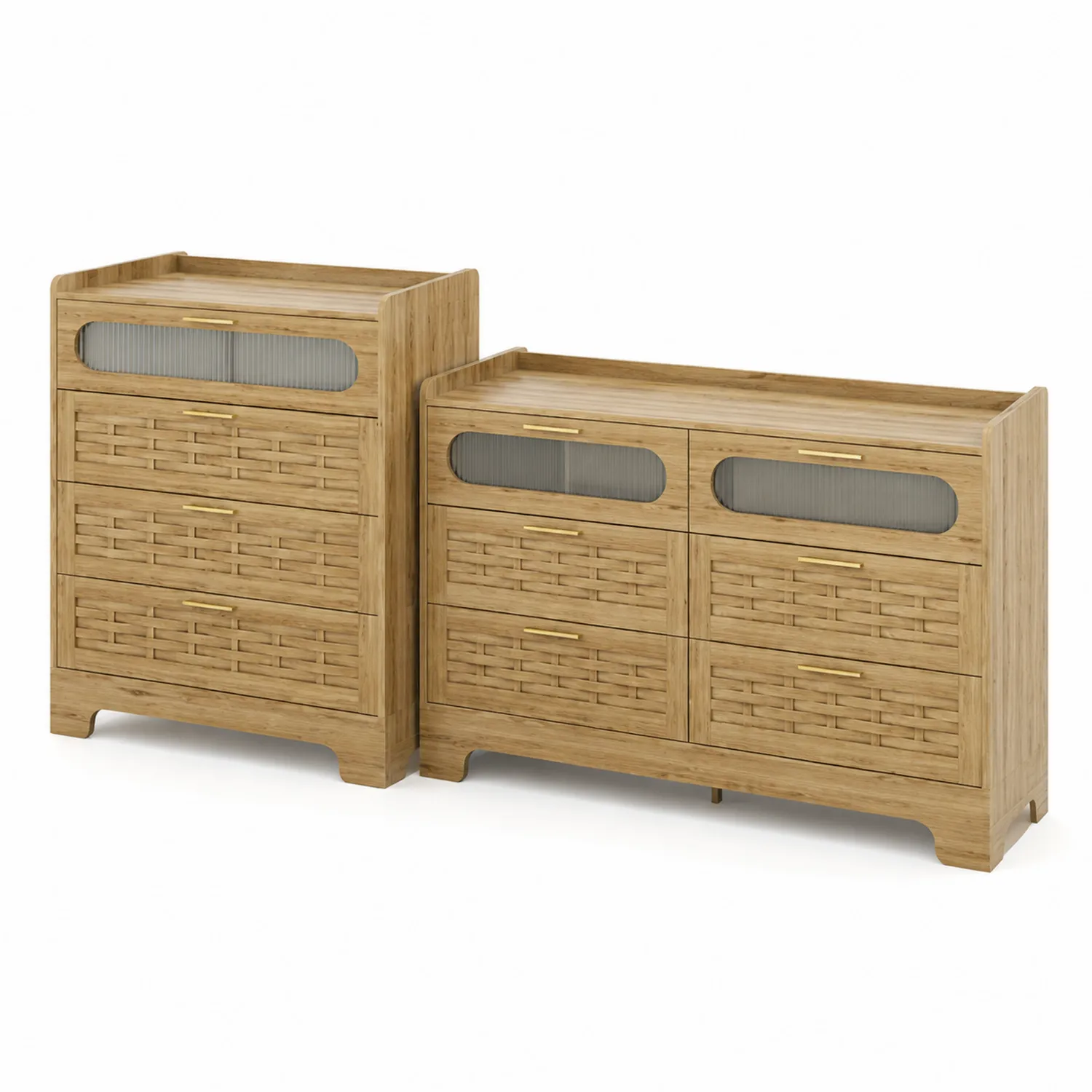 Conjunto de Cómodas de Madera de Roble con Vidrio Acanalado