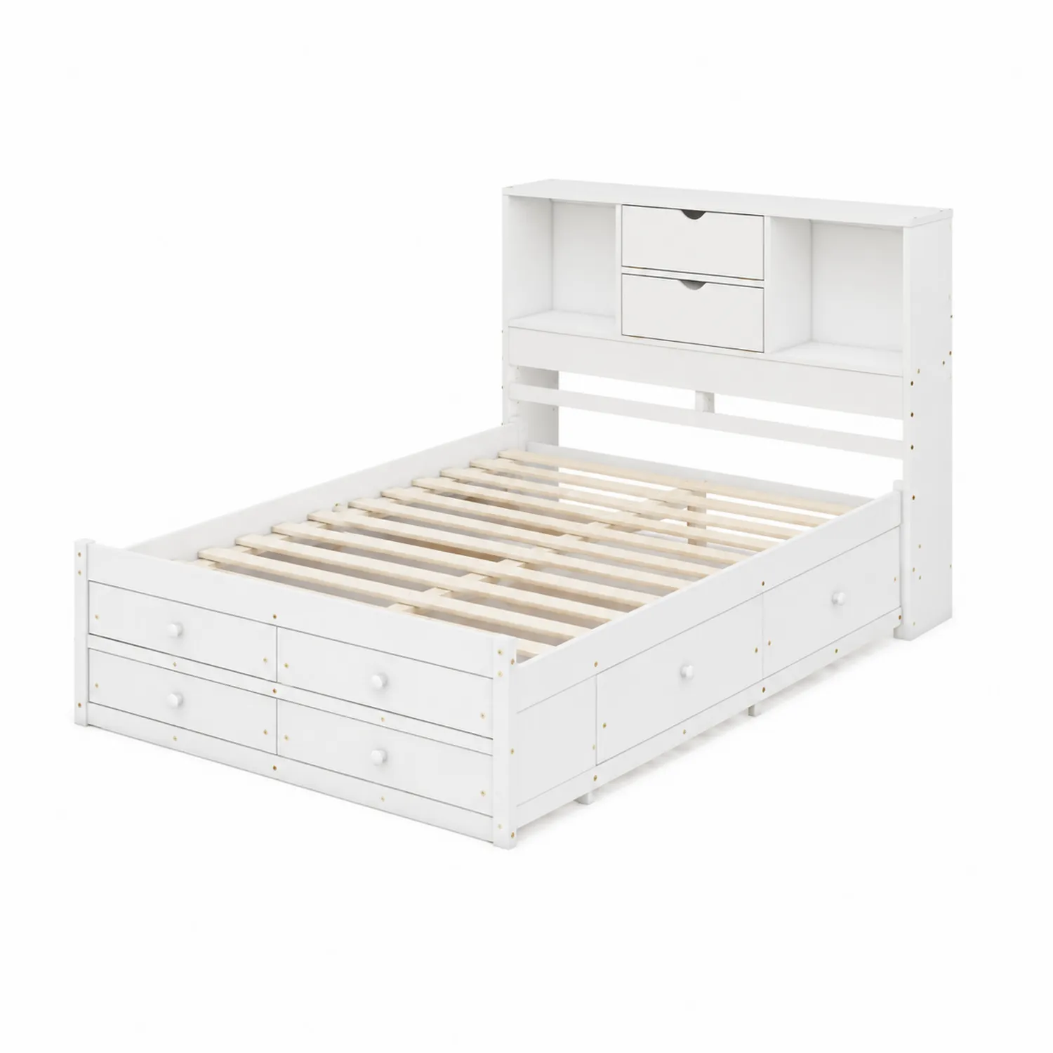 Cama de Madera con Almacenamiento y Estantes, Blanca