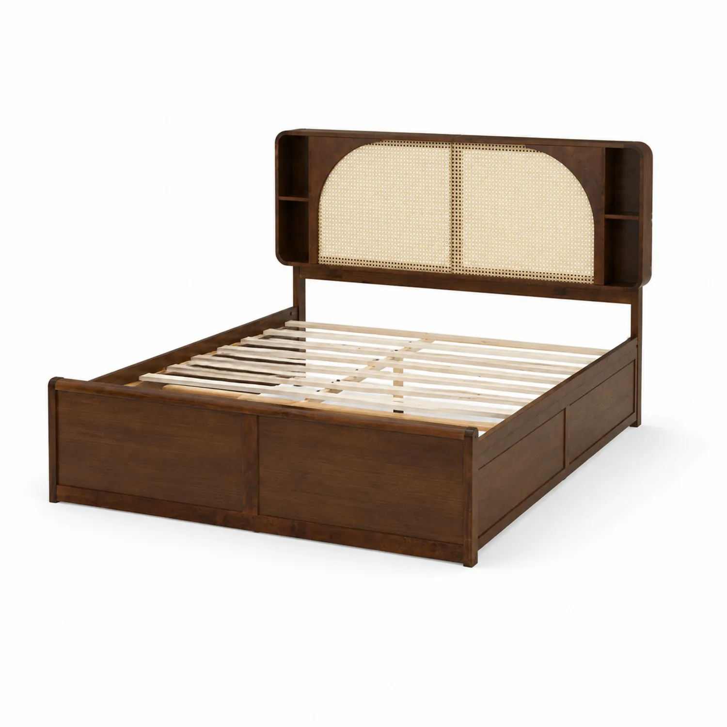 Cama de madera maciza con cabecero de ratán y almacenamiento 150x200 cm Marrón