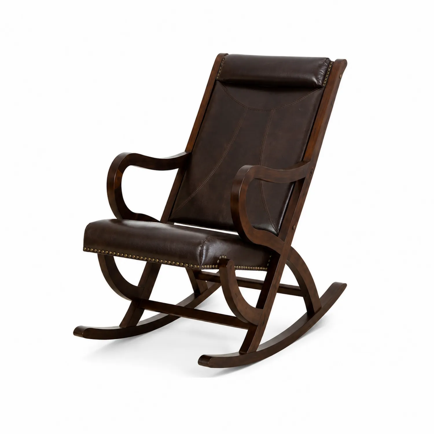 Silla mecedora de madera con tapizado de cuero sintético marrón