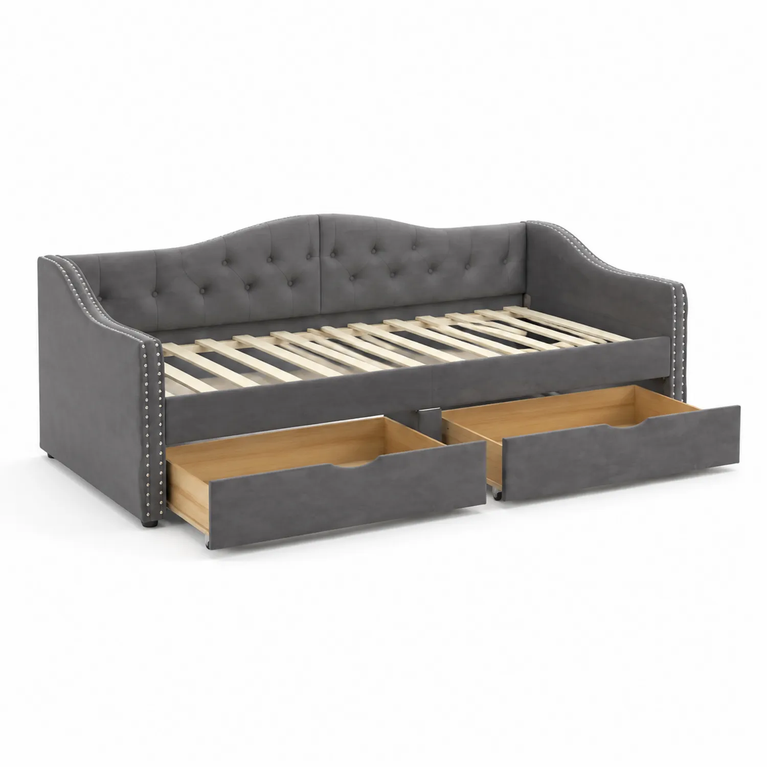 Cama de Terciopelo Gris con Almacenamiento y Cabecero Capitonné 200x100 cm
