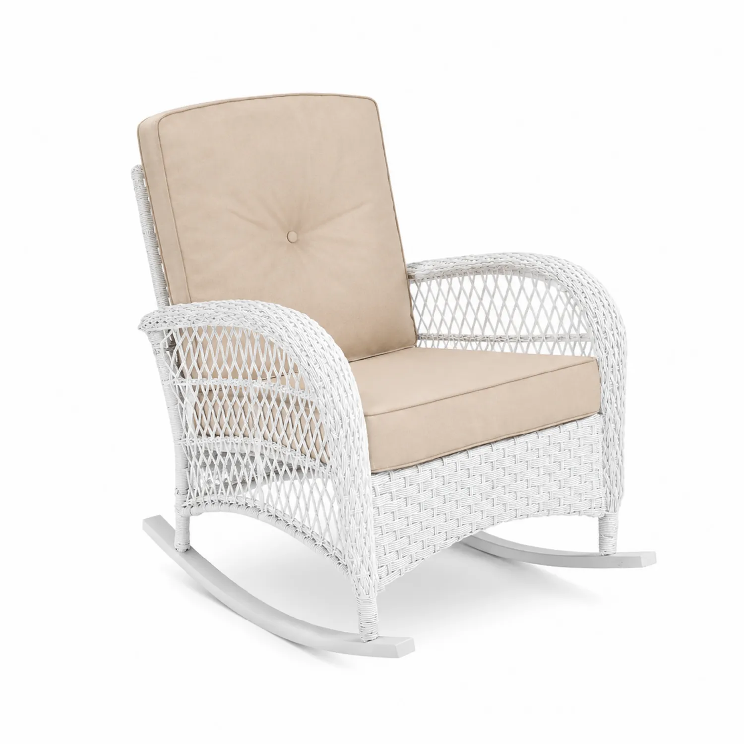 Mecedora de Ratán Sintético Blanca con Cojines de Poliéster Beige