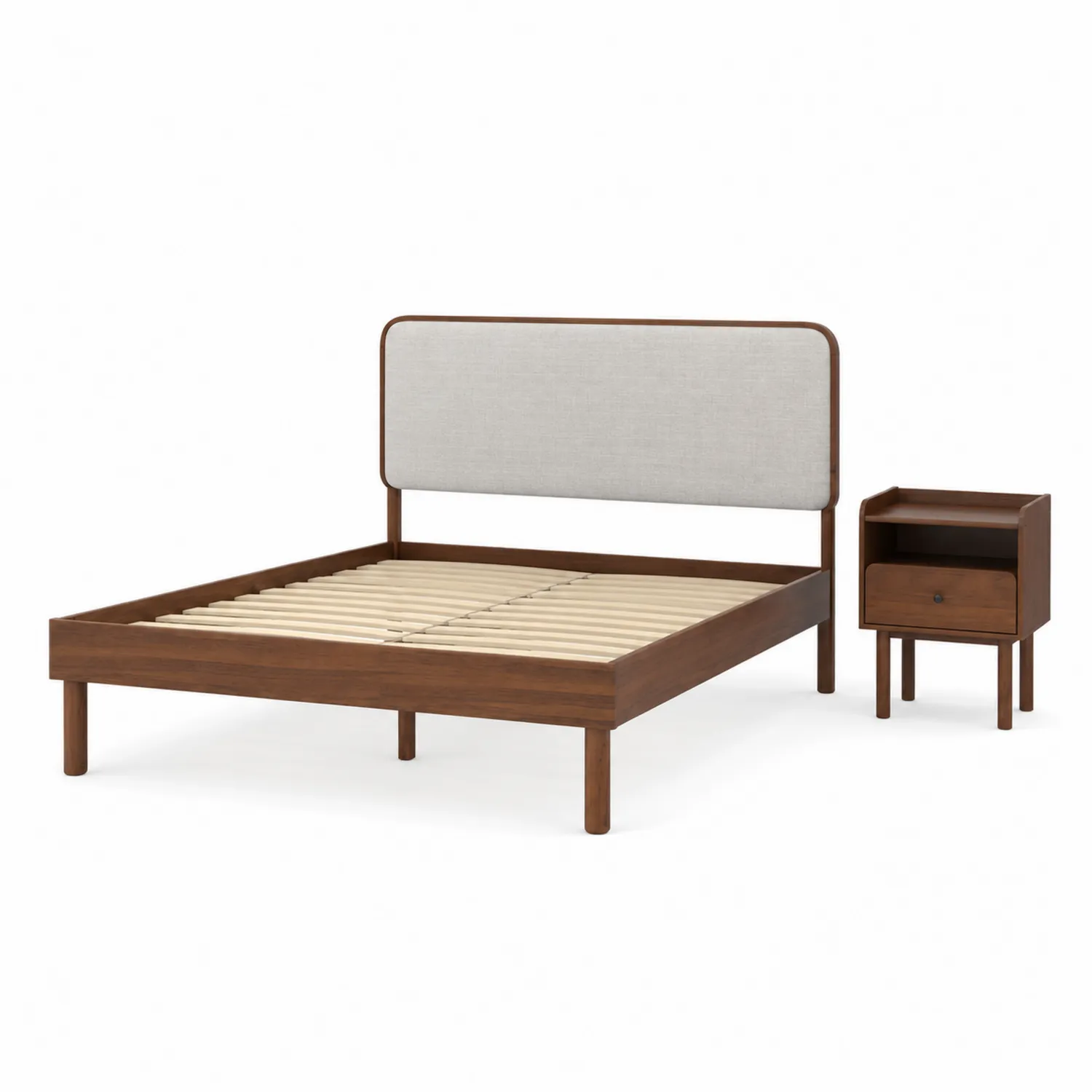 Cama doble y mesita de noche de madera y tela 200x160 cm Marrón Crema