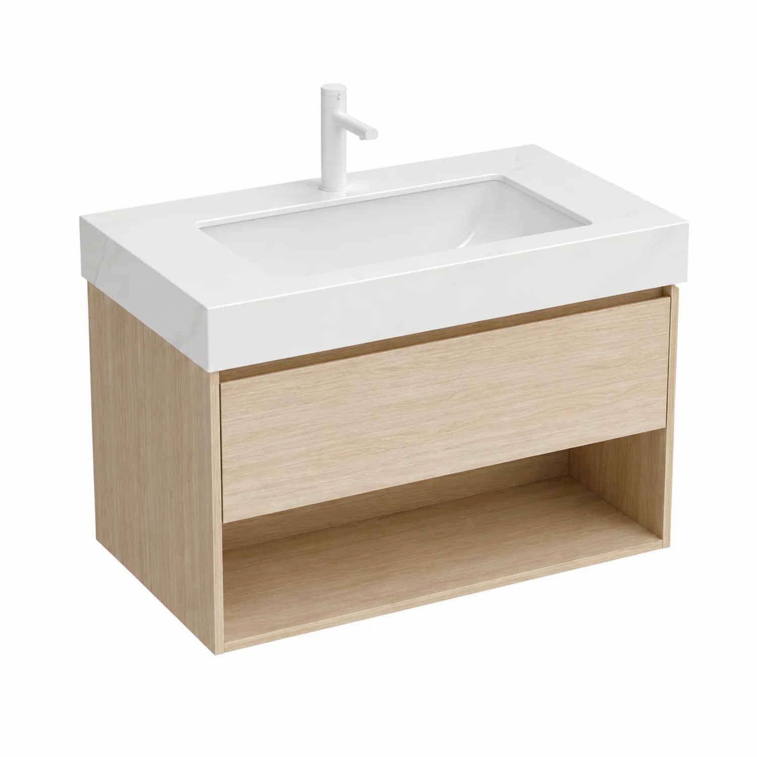 Mueble de baño de pared con lavabo de resina y estructura de madera 80x45x55 cm Blanco y Roble