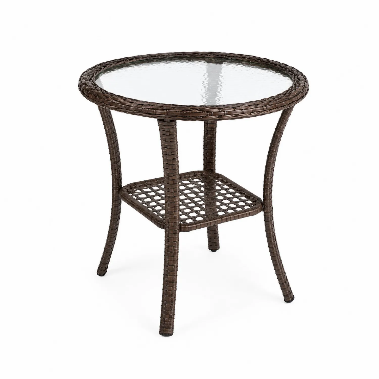 Mesa auxiliar redonda de ratán con vidrio templado, Marrón, diámetro 60 cm