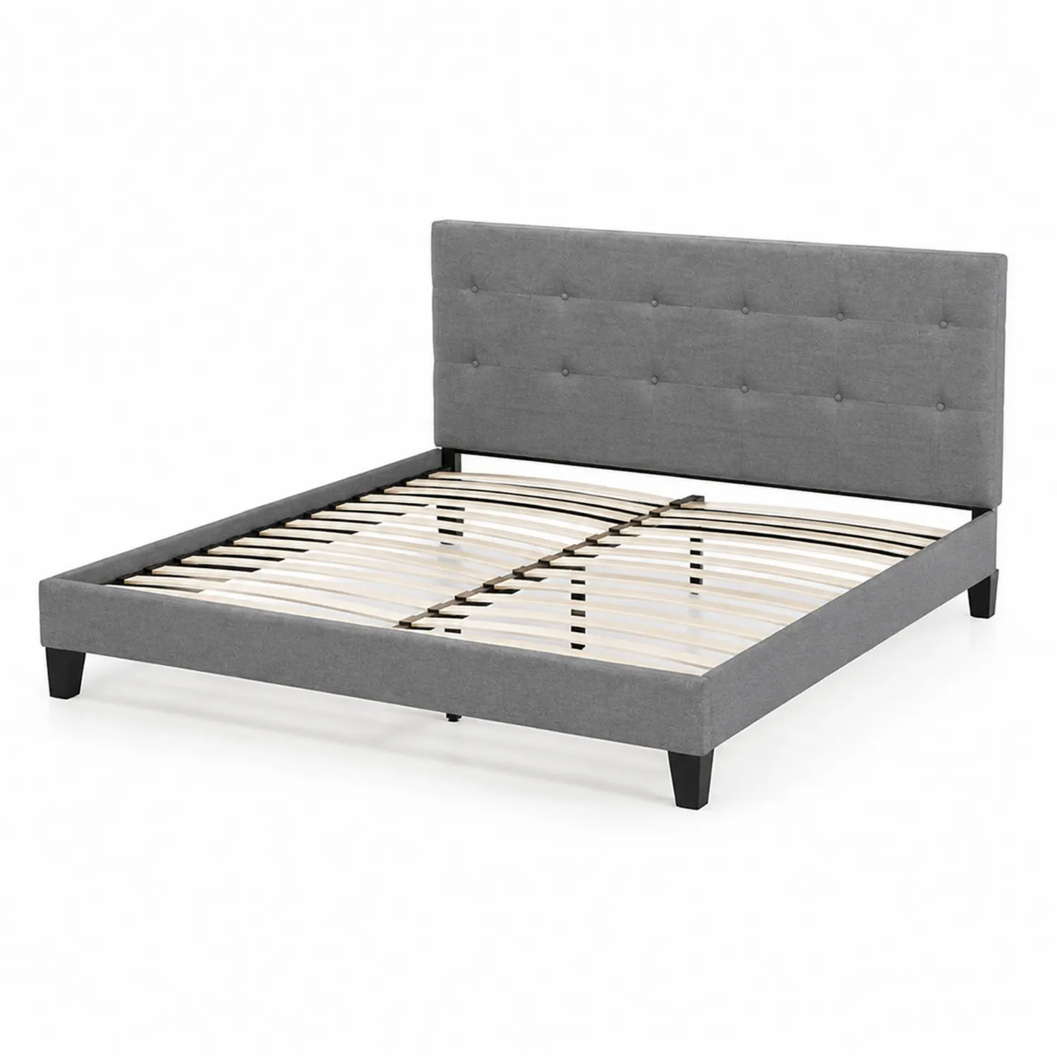 Cama tapizada de poliéster gris con cabecero y somier de madera