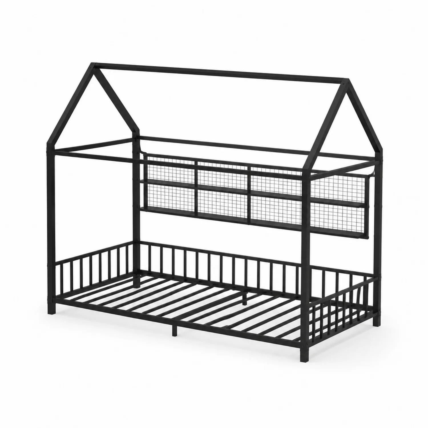 Cama individual de metal negro con forma de casa