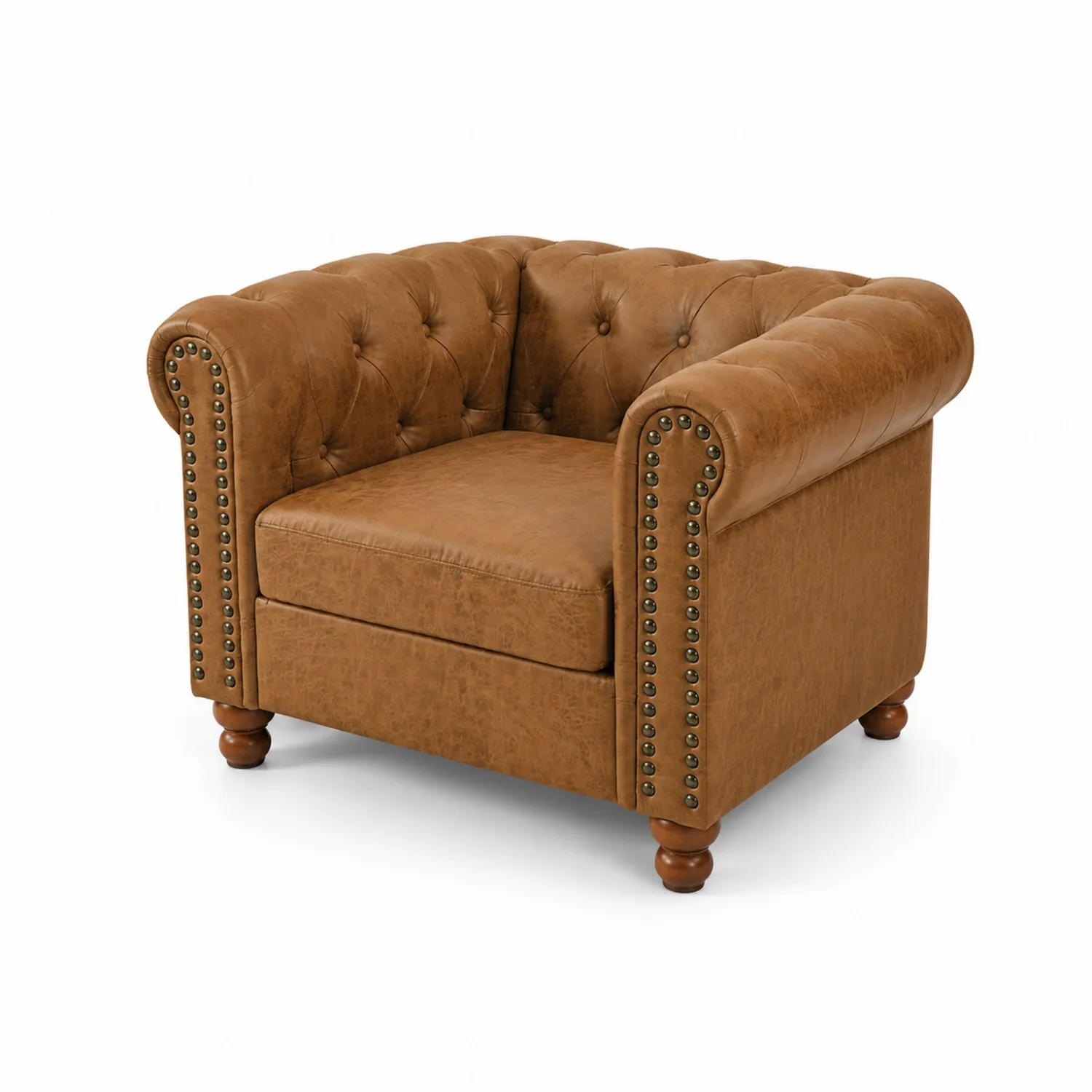 Sillón de cuero sintético marrón con remaches y patas de madera