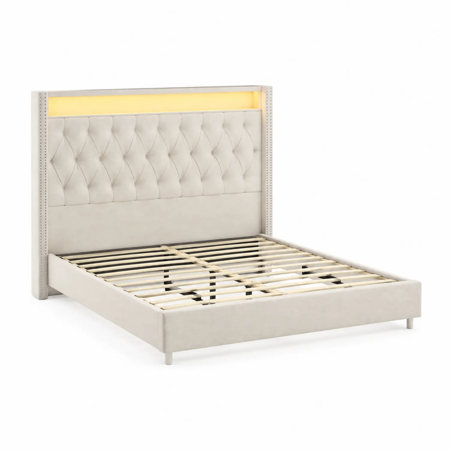 Cama tapizada de poliéster beige con cabecero iluminado de 200x160 cm